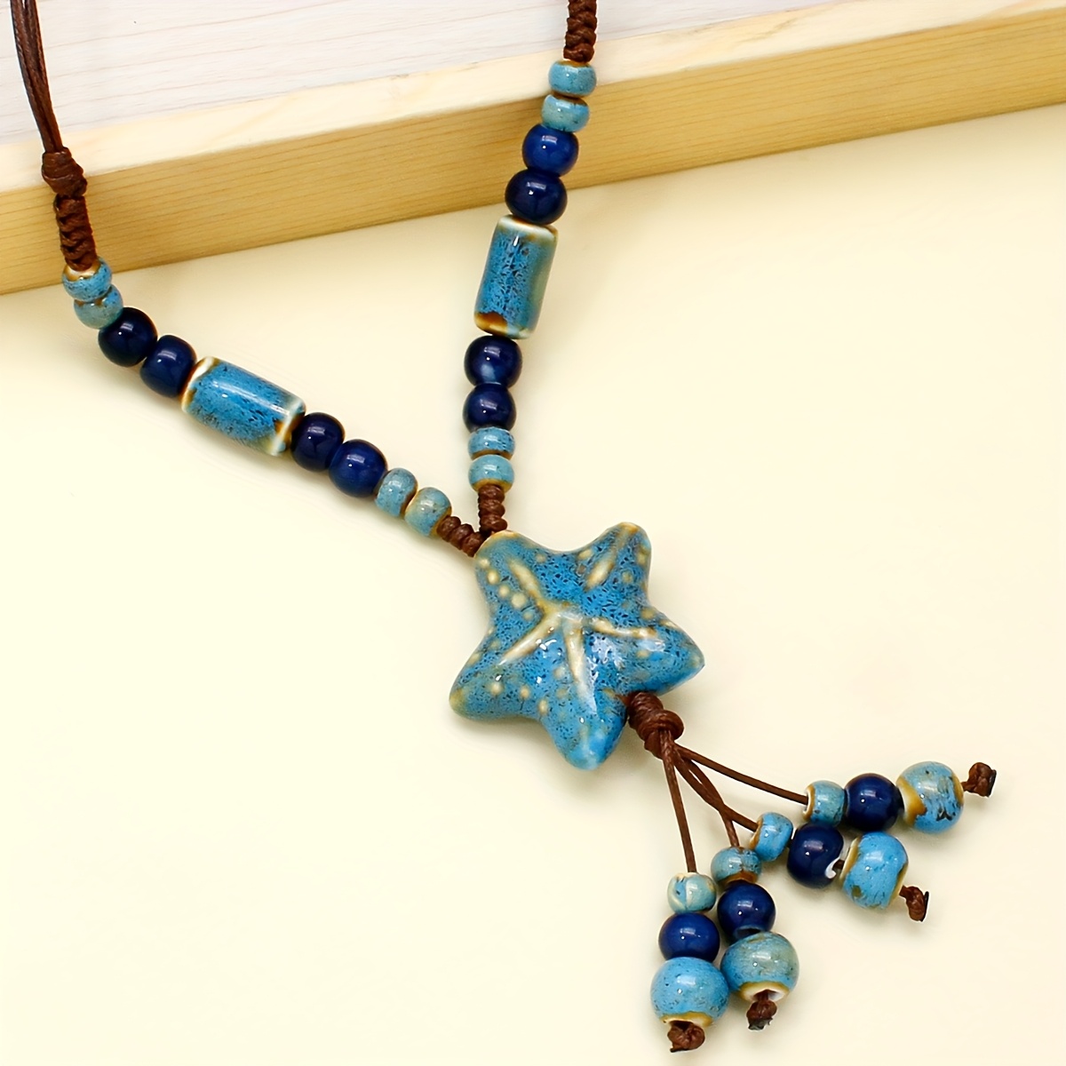 Boho Starfish Necklace with Brown Cord & Tassel Charms