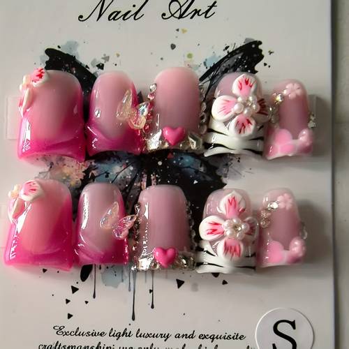 10pcs of handmade wearable nails full coverage reusable short duckbill 3d three dimensional carving love heart zebra pattern nail art