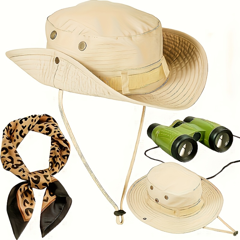 TEMU 3pcs Women And Men Costume Sun Hats Bucket Hat Leopard Neck Scarf Binoculars Outfit Accessories For Halloween Cosplay Party