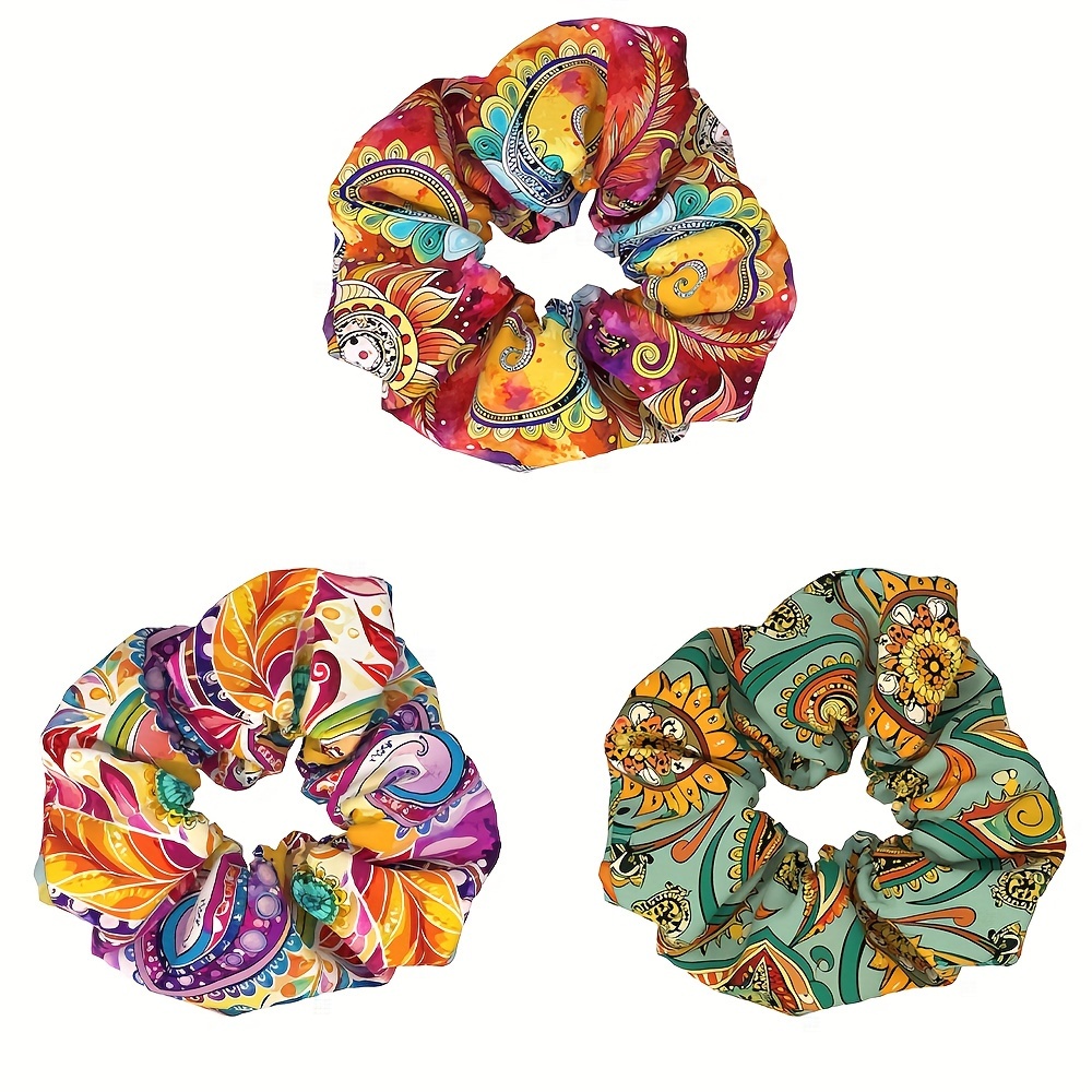 Image of 3pcs Boho Chic Floral Paisley Print Scrunchies - Vibrant Fabric Hair Ties For Women, Colorful Bohemian Style Hair Accessories With Floral , Stylish Hair Styling | Vibrant Hair Ties | Fabric Scrunchies
