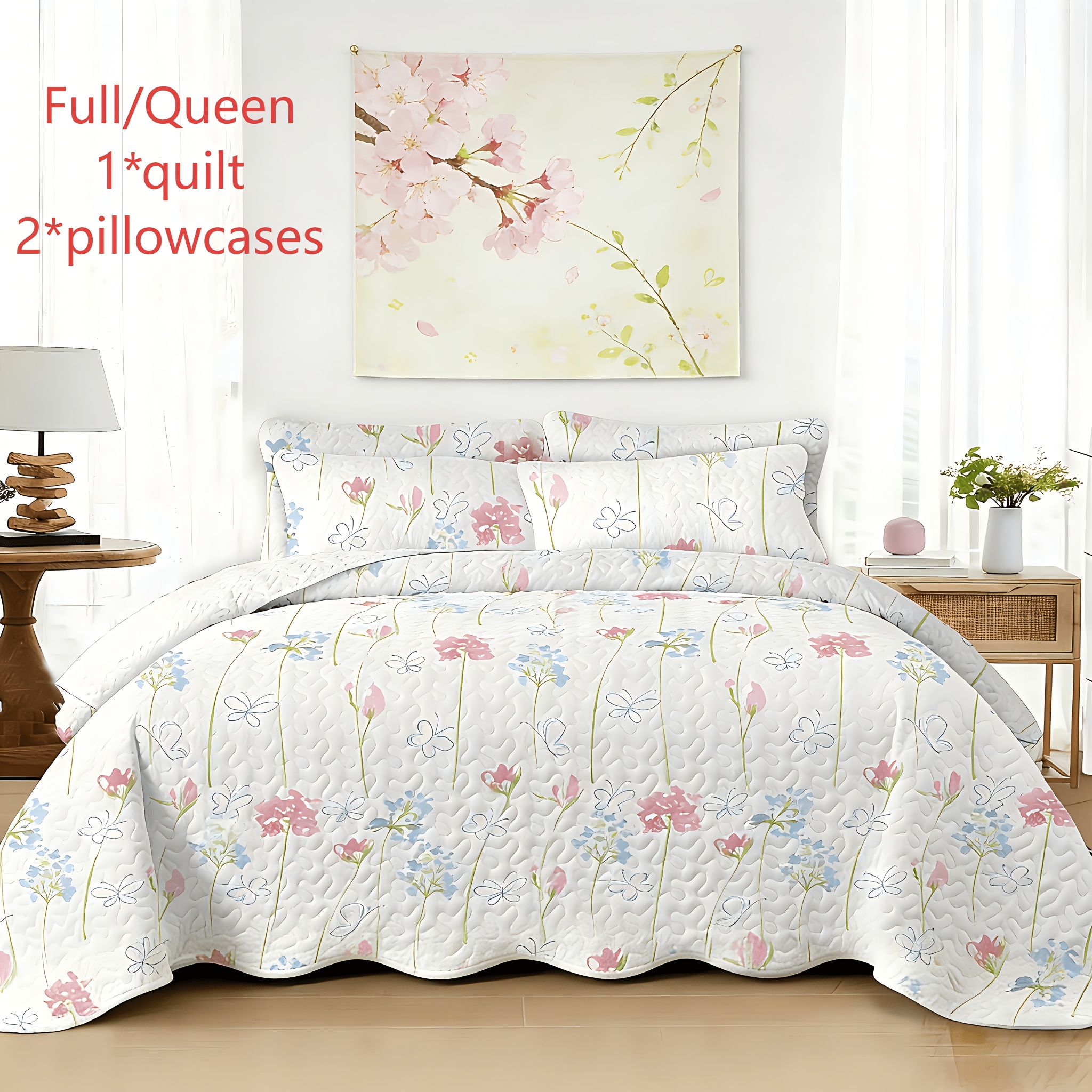 TEMU 2/3pcs Floral Botanical Quilt Set Queen California King Ck Full Twin Size, Reversible Oversized Lightweight Comforter Quilted Bedspread Coverlet
