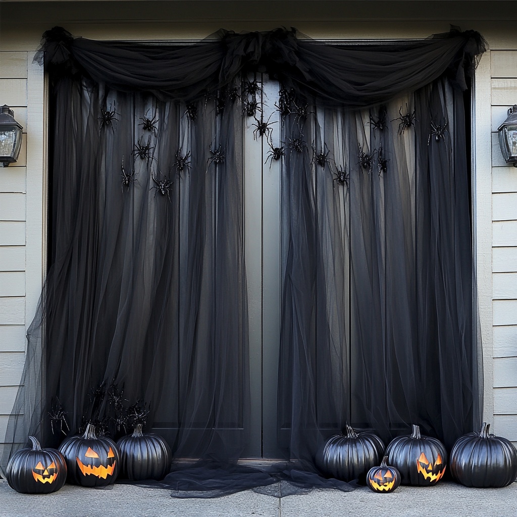 TEMU 1pc Black Decorative Sheer Fabric, Designed In A Spooky Style, Made Of Polyester, Suitable For Decorative Purposes. Cut . This Transparent Sheer