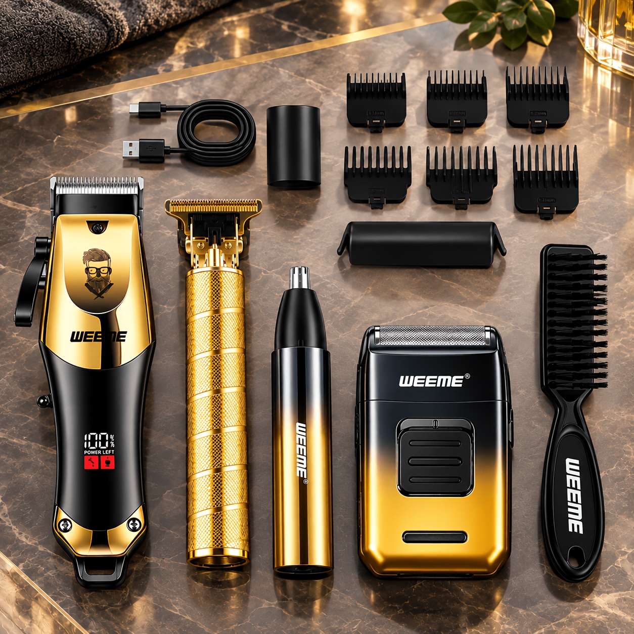 TEMU Weeme Kit 4pcs Set, Blue Hair Clippers, Usb Rechargeable, 8 Guide Combs, Trimmer And Shaver, With Cleaning Brushes And Comb, Gift For Men,