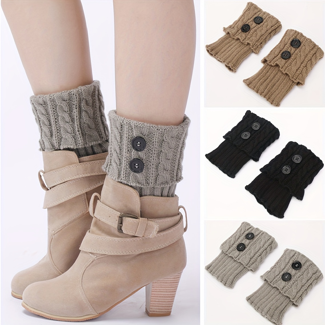 

3pcs Women's Cozy Knit Boot Cuffs - Warm, Stretchy Acrylic Leg Warmers With Button Detail For Autumn & Winter