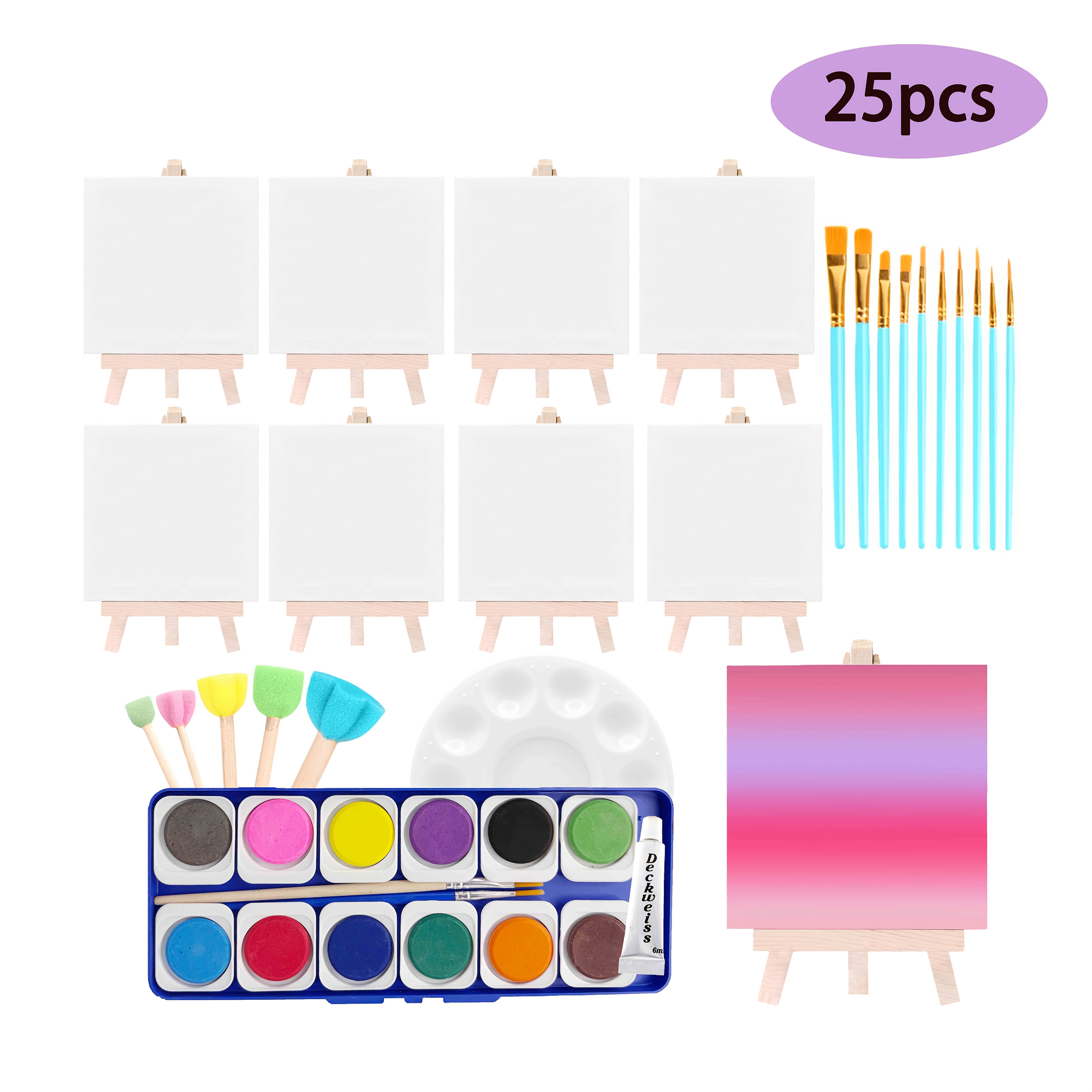 25pcs   board, easel and paint brush sponge palette set (10 canvas frames + 10 brushes + 5 sponges + 1 palette + 1 set of paint box) white blank mini canvas panels and wooden easel and brushes, for painting, diy and drawing practice. 0