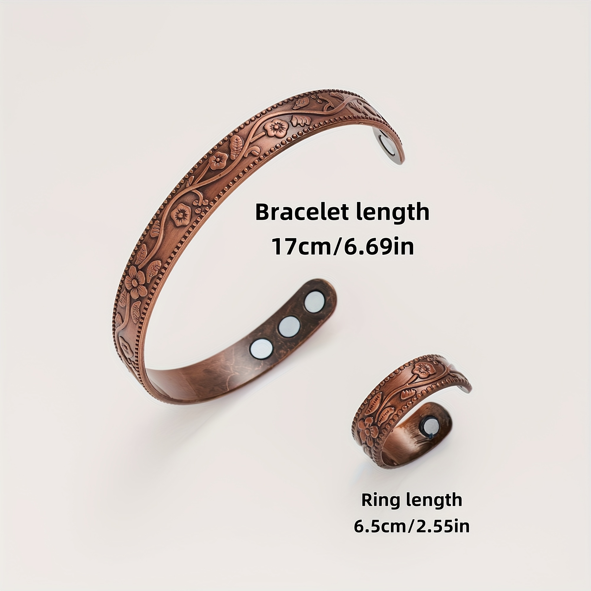 Vintage Copper Flower Bracelet and Ring Set, Adjustable