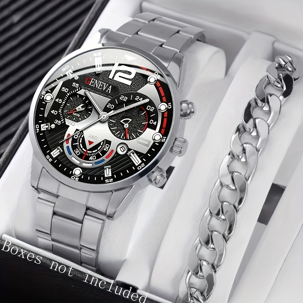 

2pcs/set Men's Business Sports Quartz Watch Cool Fashion Analog Calendar Wrist Watch & Bracelet, Gift For Him Date Watch
