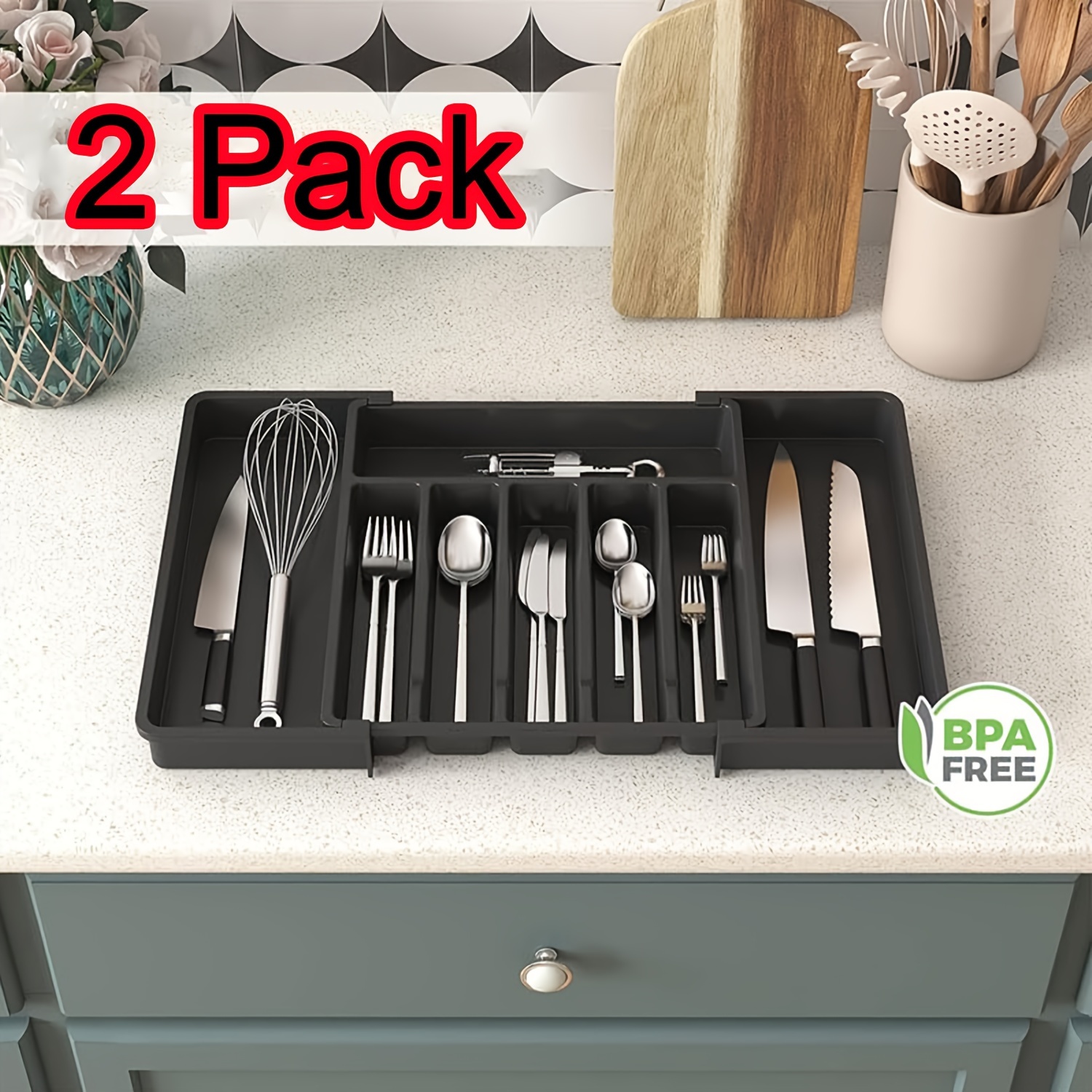 

2-pcs-black-silverware Drawer Organizer, Expandable Utensil Tray For Kitchen, Bpa Free Flatware And Cutlery Holder, Adjustable Plastic Storage For Spoons Forks Knives, Large, 1-pcs