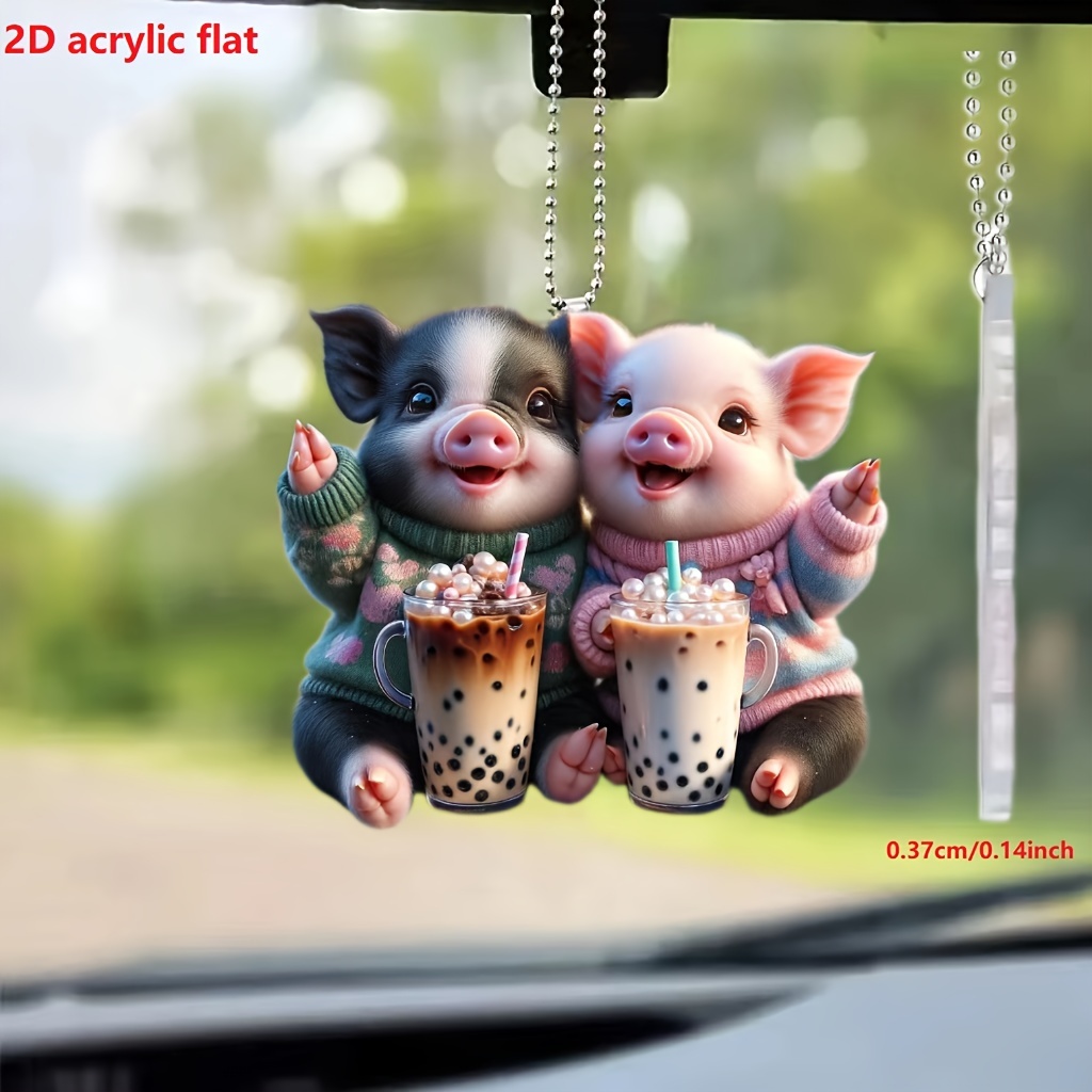 

1pc, 2d Acrylic Best Friend, Little Pig, Happy Drinking Milk Tea, Car Rearview Mirror Decorative Pendant, Backpack Keychain Decorative Pendant, Home Decoration Products, Party Gifts