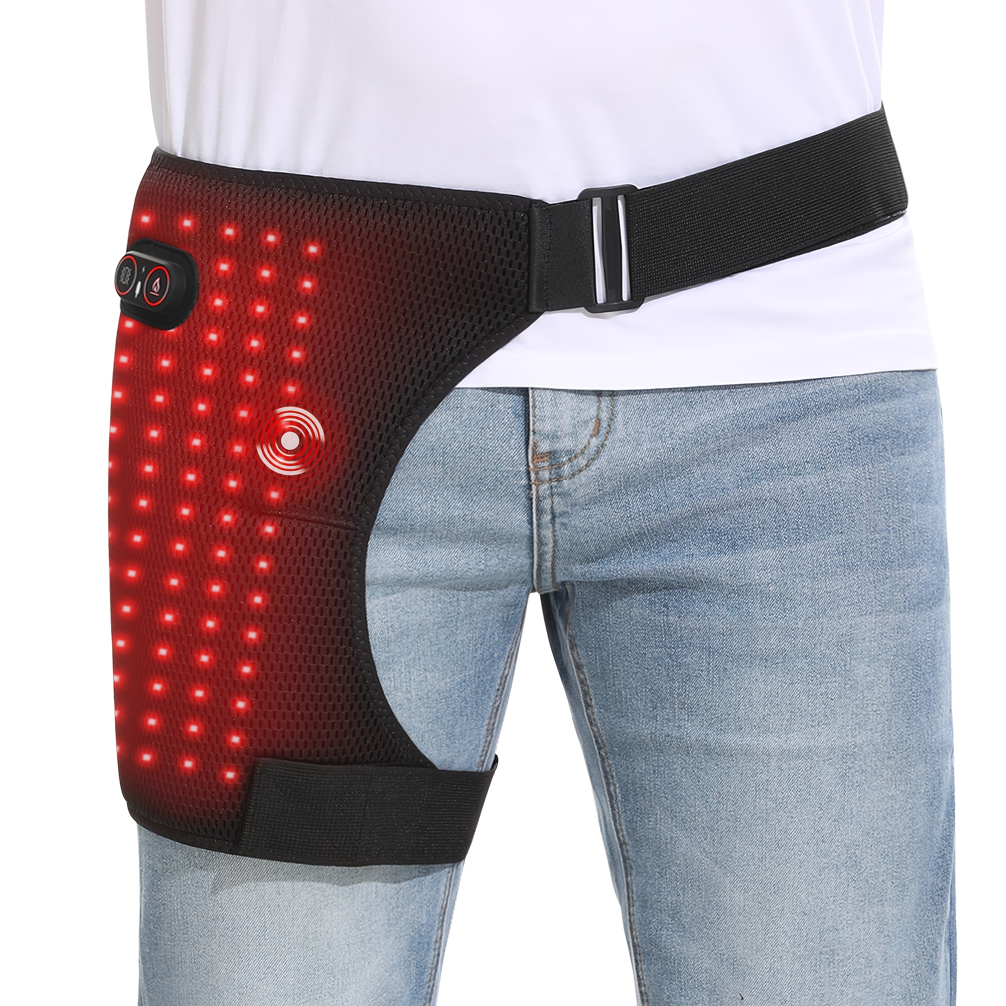 Red Light Thigh Brace With 5000mAh Rechargeable Battery, Hamstring Compression Wrap With 3-Level Red Light, Heat & Massage, Adjustable Groin & Hip Flexor Support Wrap For Thigh Stability And Muscle Comfort, Great For Active Adults, Sports& Daily Use