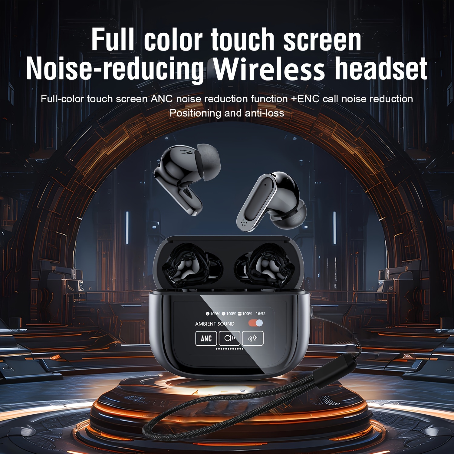 1 pair of wireless headphones supports multi language switching   with a 2 01 inch large screen full touch lcd display stereo in ear headphones active noise reduction large capacity lithium battery with long   suitable for wireless music and gaming on i0s and   devices headphones with wrist strap that   fall off   details 3