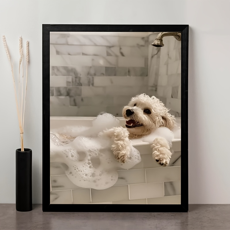 TEMU 2d Flat, 1pc Maltese Dog In Bubble Bath Wall Art - Whimsical Unframed Canvas Poster 30.48x40.64cm, Funny Bathroom Decor With Smiling Fluffy ,