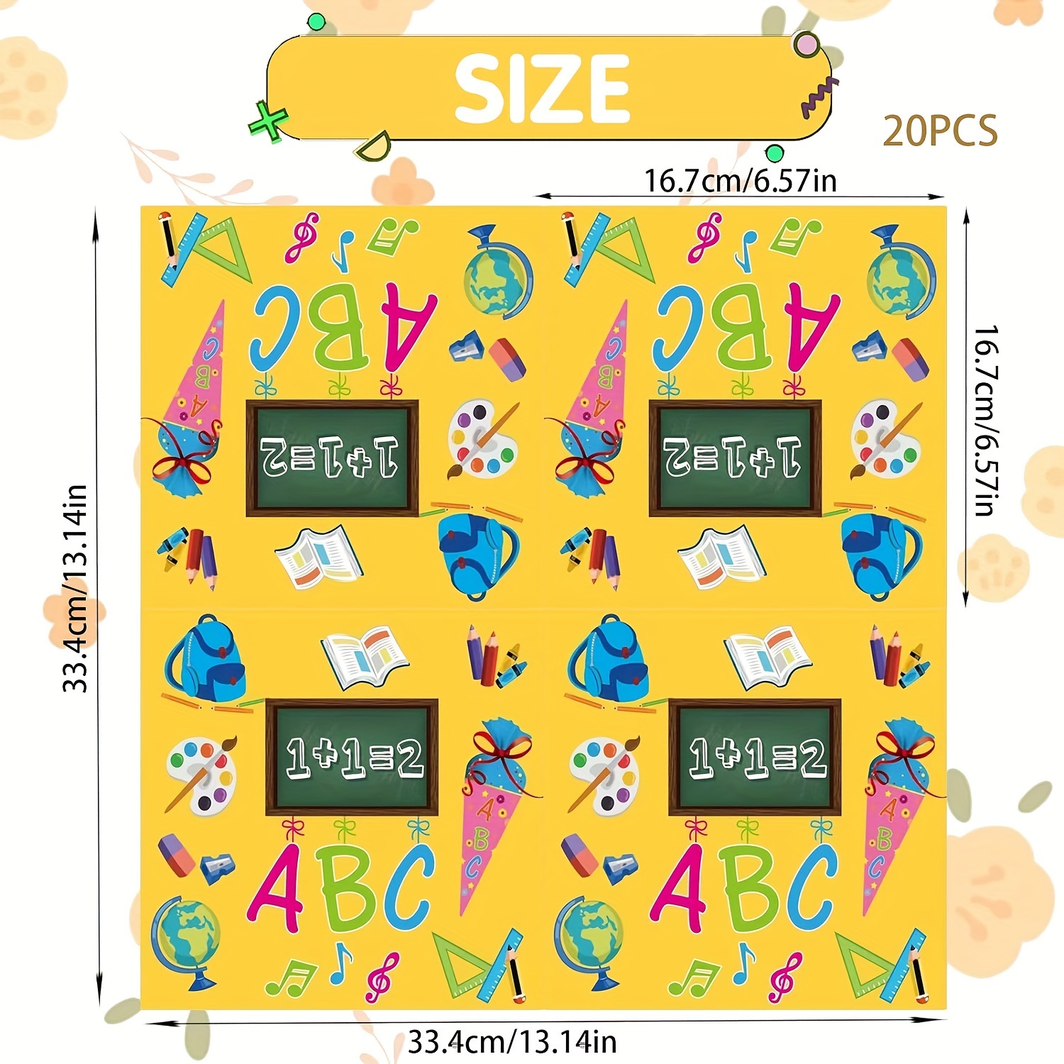 E-shop 20 Servietten für Back-to-School-Party-Dekoration, Vollformat 33 x 33 cm, Bunte ABC-Zuckerbeutel 1+1=2 Tafelrucksack-Muster, Schulgeschirr für
