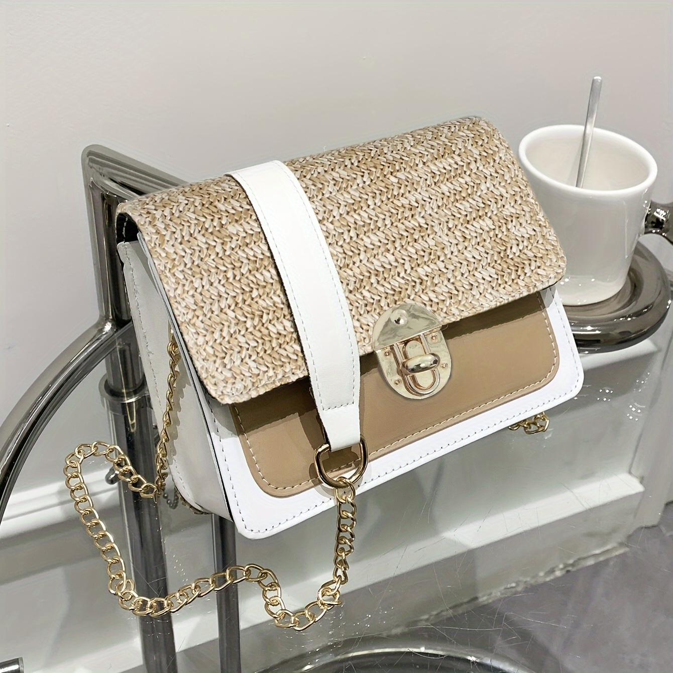 

Women's Straw & Pu Leather Crossbody Bag | Stylish Small Square Purse With Chain Strap | Trendy Lock Closure Shoulder Bag
