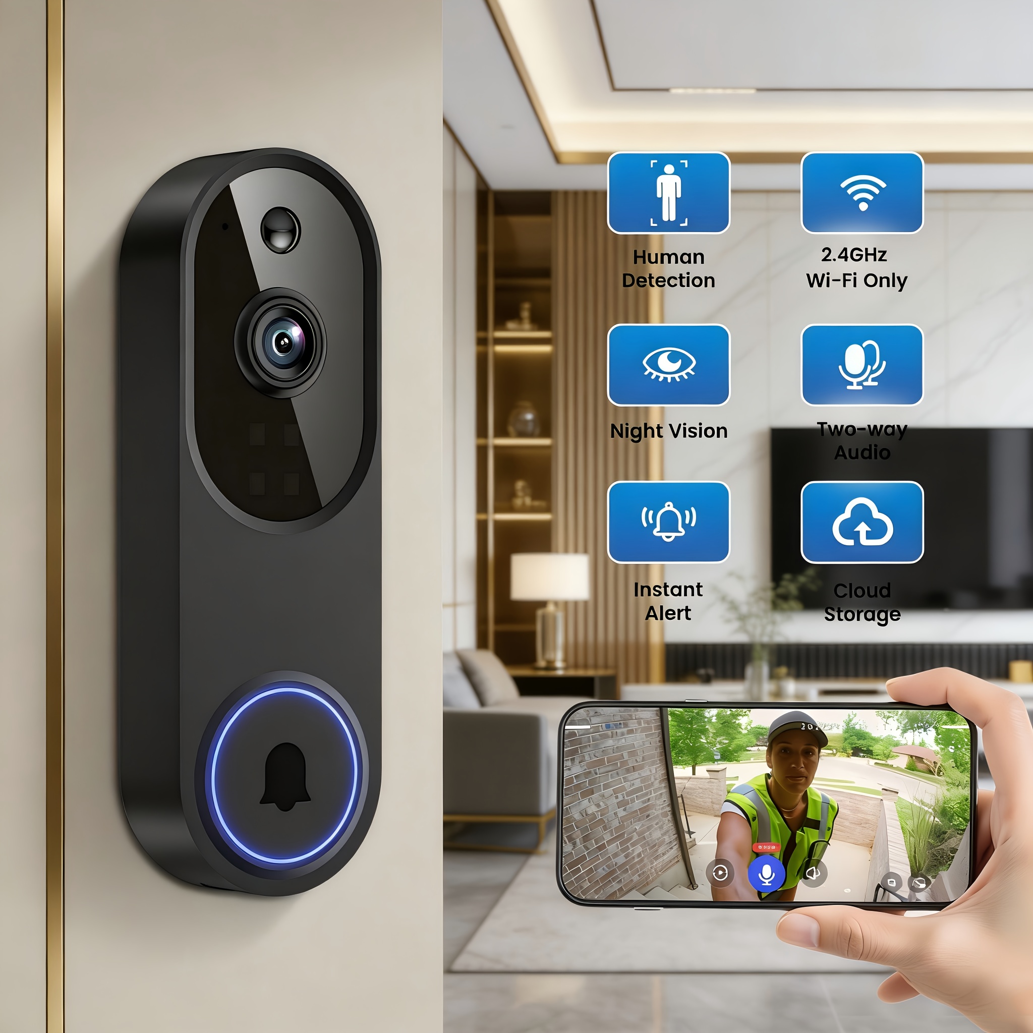 Image of 2k Smart Doorbell Camera With Pir , Ai Human Detection, Ir Night Vision, 2-way Audio, Motion Alerts, Cloud Storage (sold Separately), 2.4g Wifi, Battery Powered, Camera Doorbell, Door Smart Doorbell