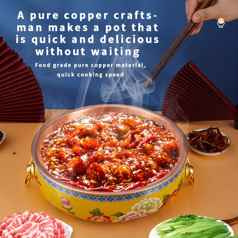 1pc enamel color electric magnetic stove   pot pure copper enamel porcelain hot pot landscape blue porcelain     pot red flower opening rich   style 30cm2 3 people pot details 5