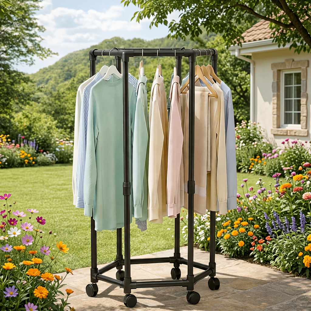 Rotating Clothing Rack with Wheels, Heavy Duty Metal Garment Rack for Hanging Clothes, Multifunctional Rotating Clothing Organizer, Freestanding Closet Organizer for Bedroom, Laundry Room, Space Saving Closet Storage for Coats, Dresses, Pants