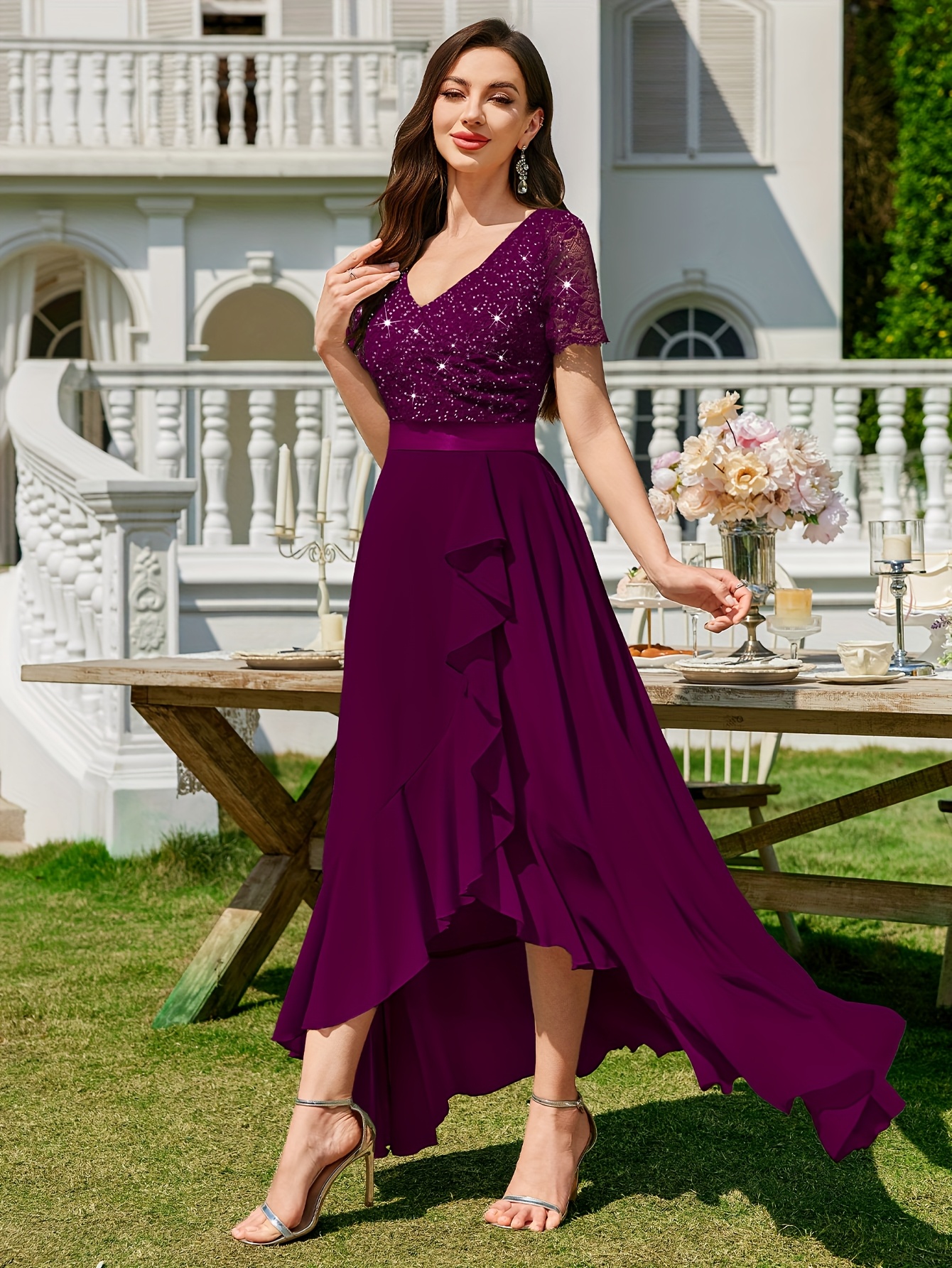 chinese dress ladies WOMEN'S V-NECK SHORT SLEEVE LACE MAXI DRESS main image 0