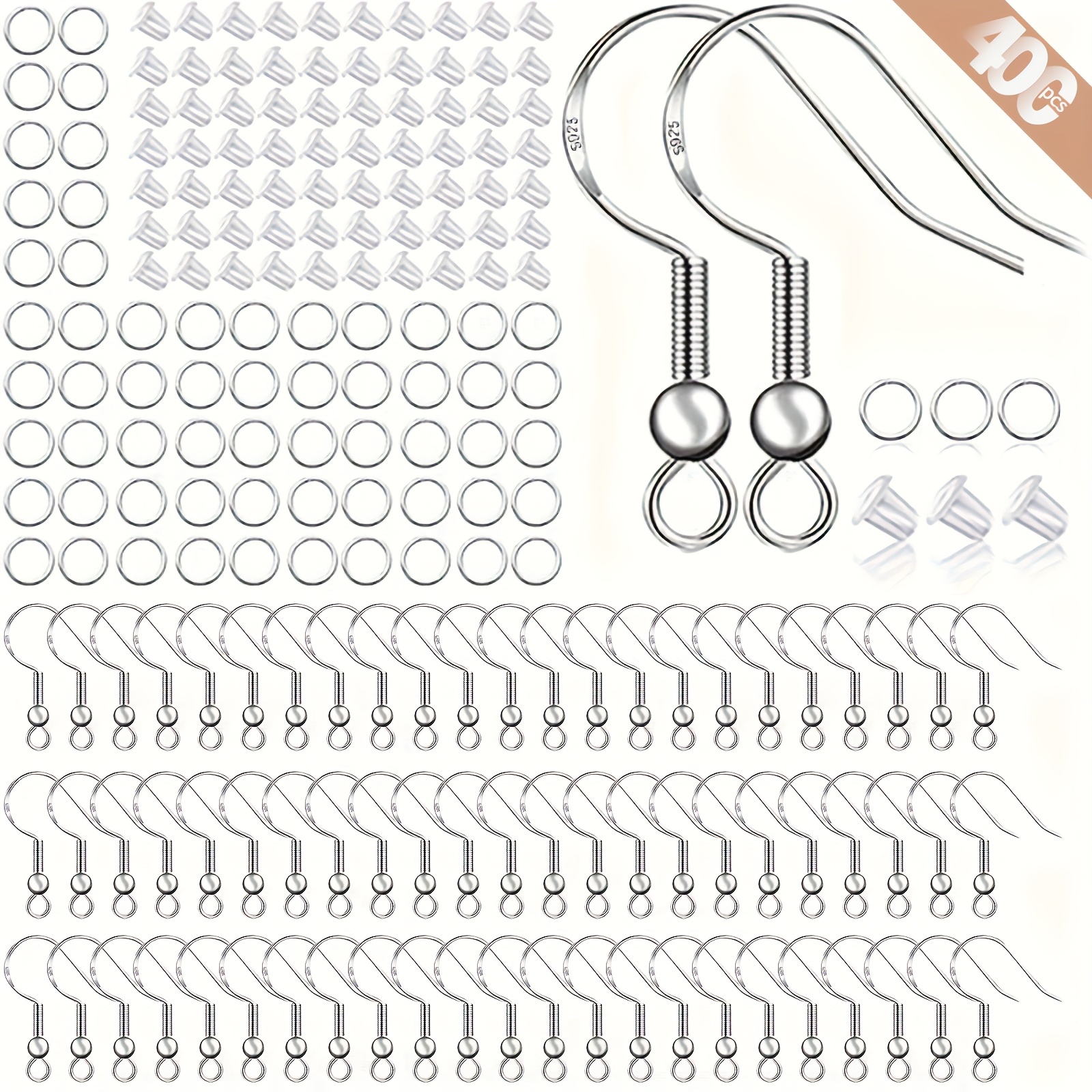 E-shop 400-teiliges Hypoallergenes Ohrring-Bastelset, inkl. 100 Stück/50 Paar 925 Silberbeschichtete Ohrhaken, 100 Stück Sprungringe 200 Stück Klare
