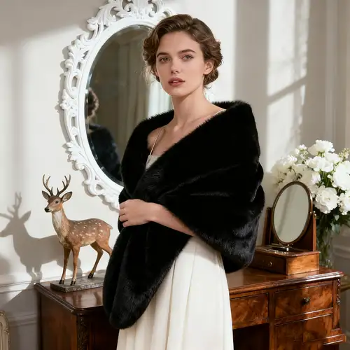 black dress with fur shawl Black Wedding / Bridal Faux Fur Shawl (Lilian Blk03) Sissily Designs