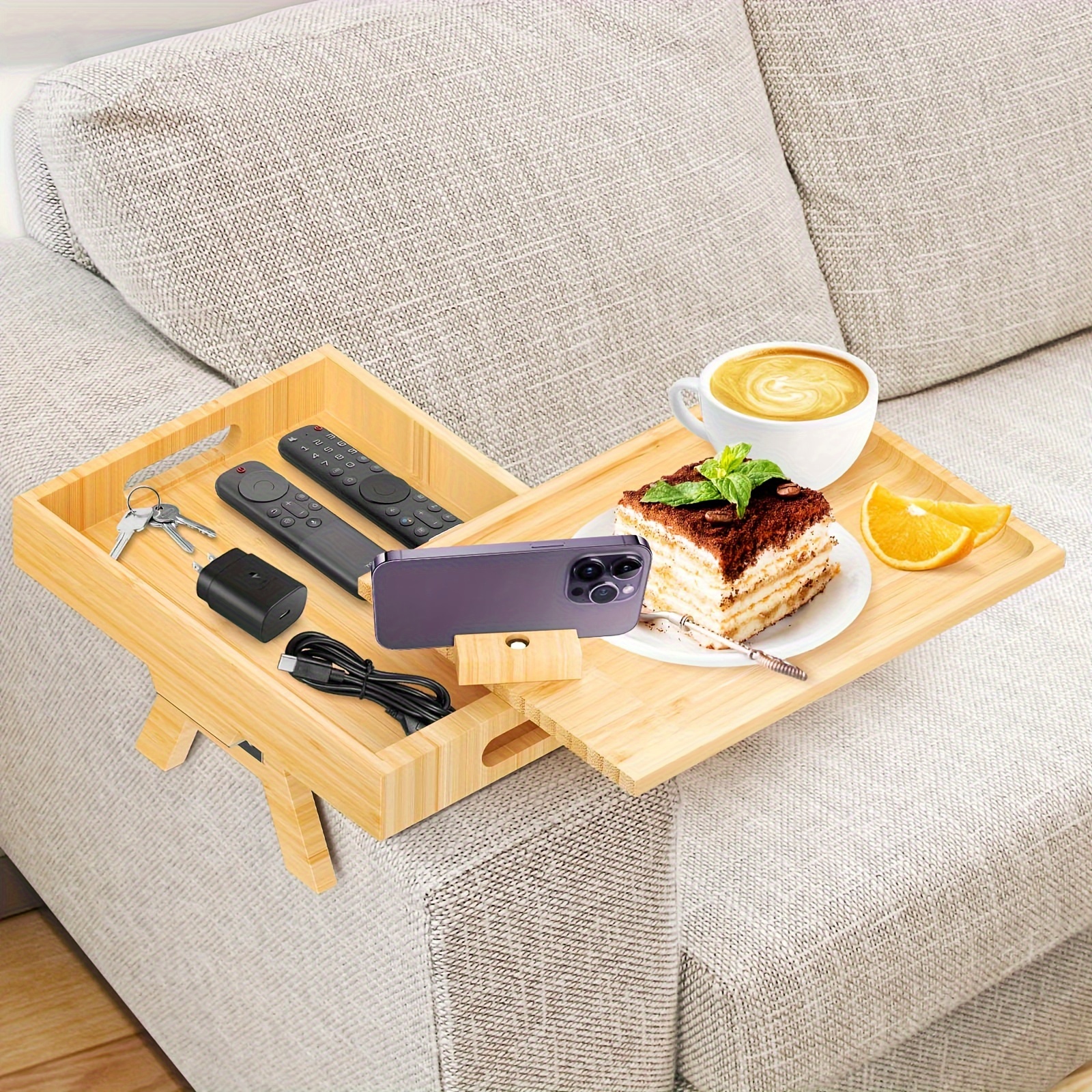 

Bamboo Sofa Armrest Tray With 360° Rotating Design, Phone Holder & Storage Organizer For Remote Controls, Cups, Snacks, And Accessories