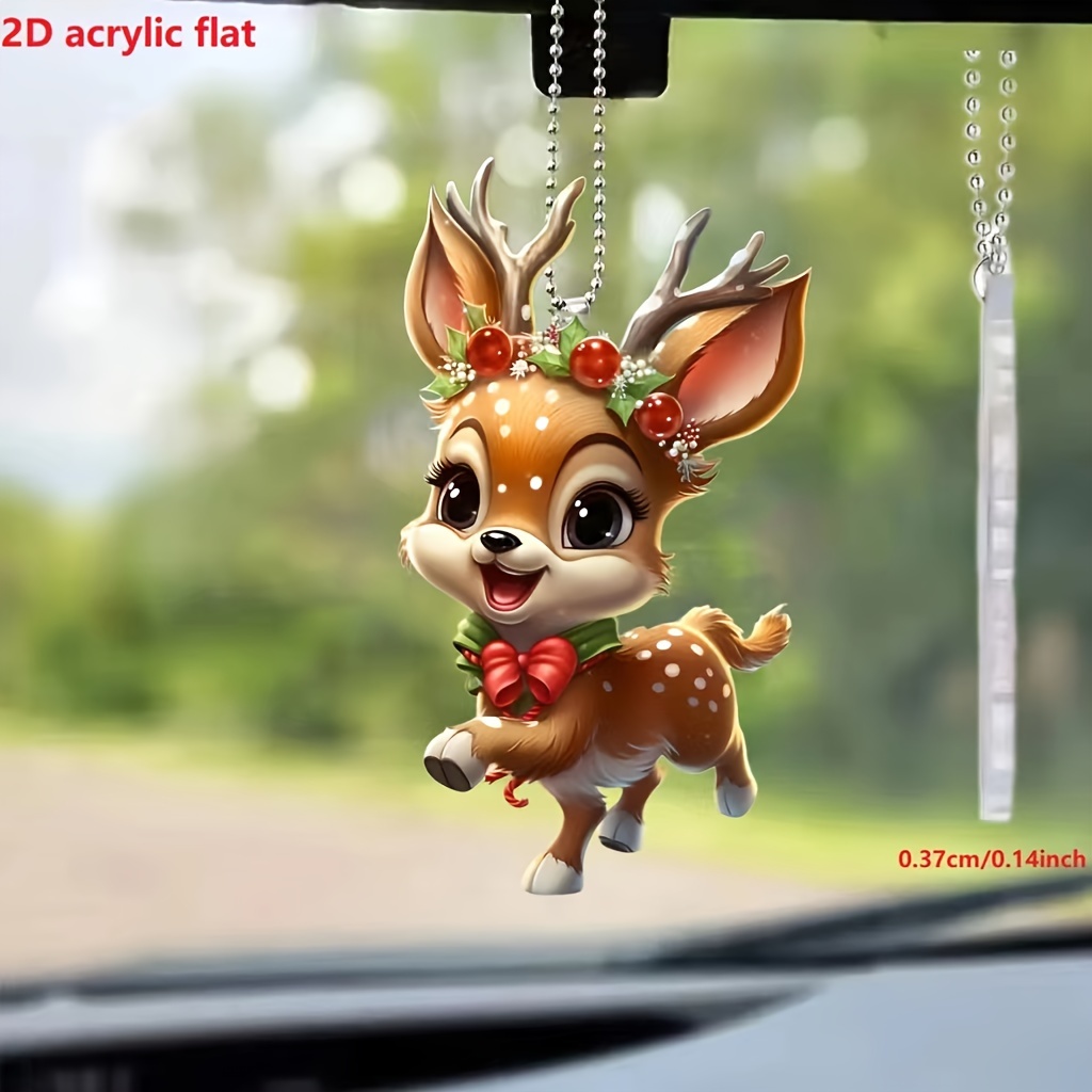 

Christmas-themed Acrylic Reindeer Car Hanging Ornament - Cute Deer Pendant With Red Bow And , Decorative Keychain For Bags & Gifts, Vehicle Interior Accessory