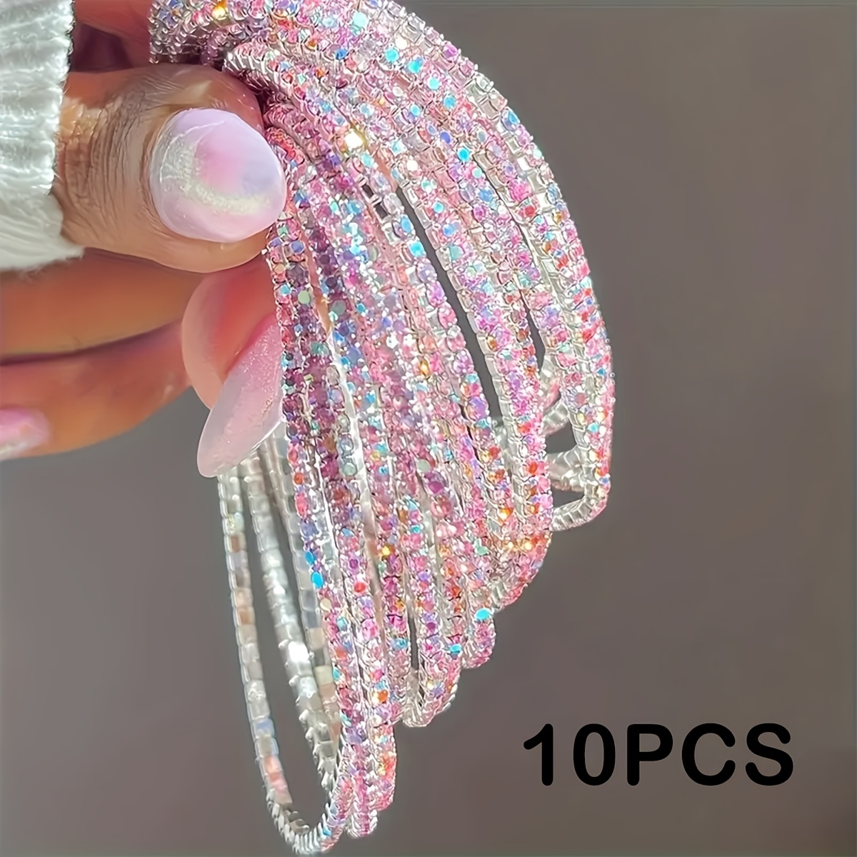 Image of 10pcs Set Of Colorful Ab Rhinestone Elastic Suitable For Fashion And Holiday Party Disco Music Festival Atmosphere And Vacation Spring/ Bracelets