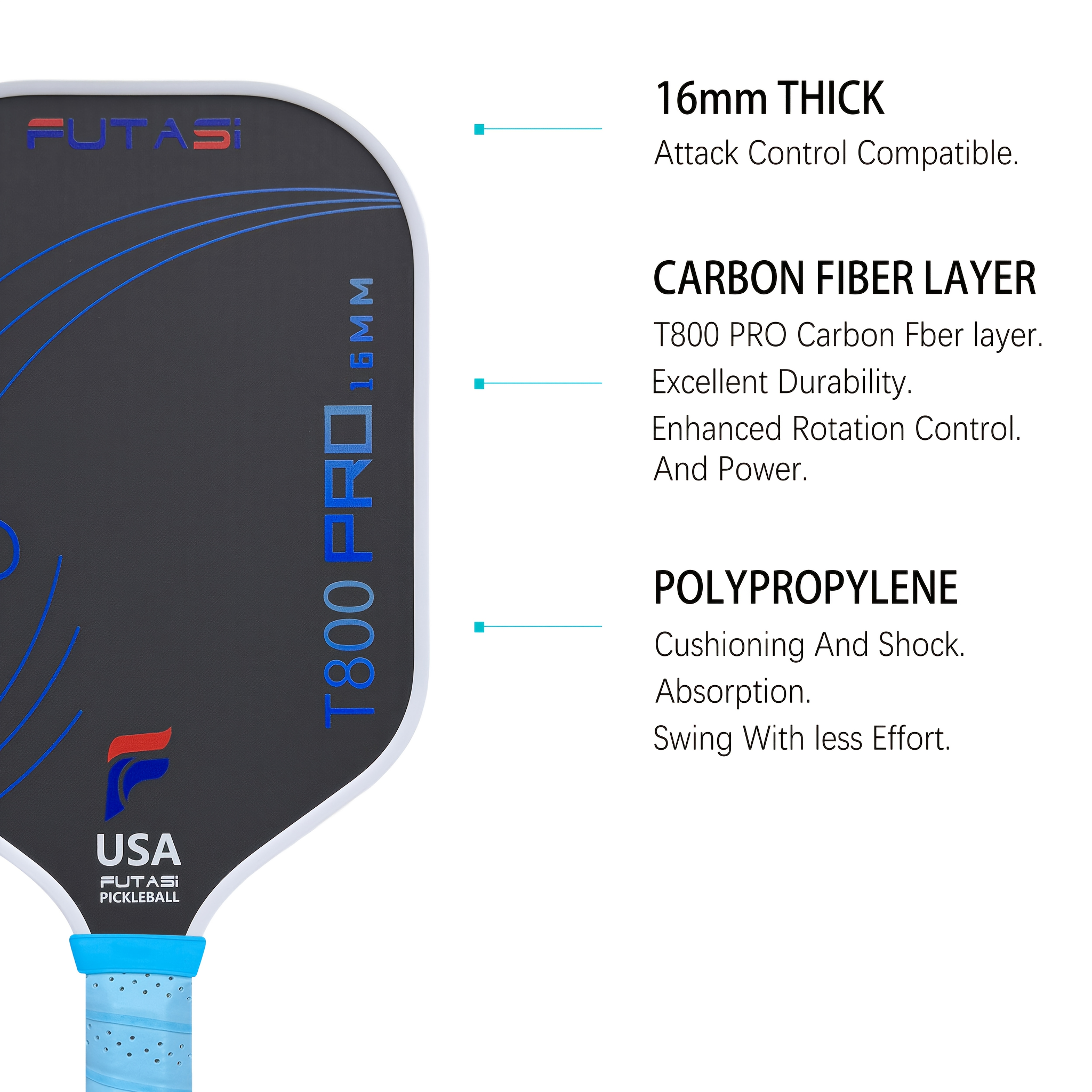 T800 Carbon Fiber Pickleball Paddle, Superior Spin