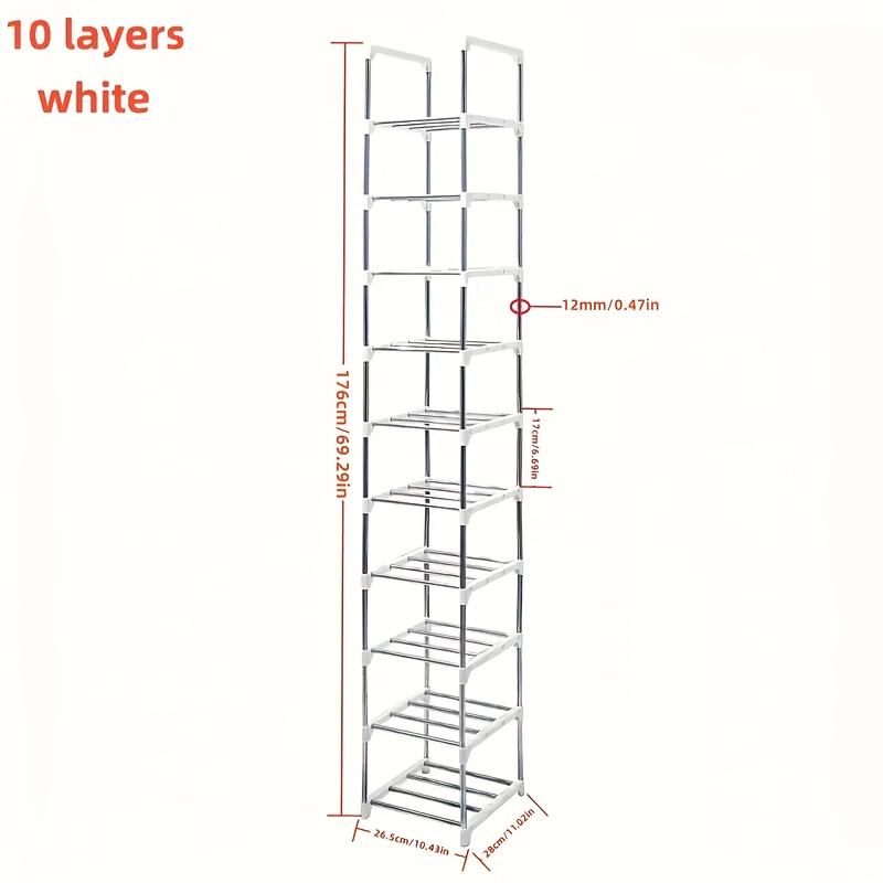 10 - Layer Metal Narrow Shoe Rack, Sturdy And Durable, Space - . Used As A Shoe And Boot Storage Rack At The Entrance, In The Bedroom, Bathroom, Dormitory Or Rental House., Standing Shelf