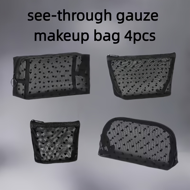 TEMU Juego de 4 bolsas de malla transparente y estuche de cosméticos, lateral de malla transparente y base negra - Bolsa de almacenamiento