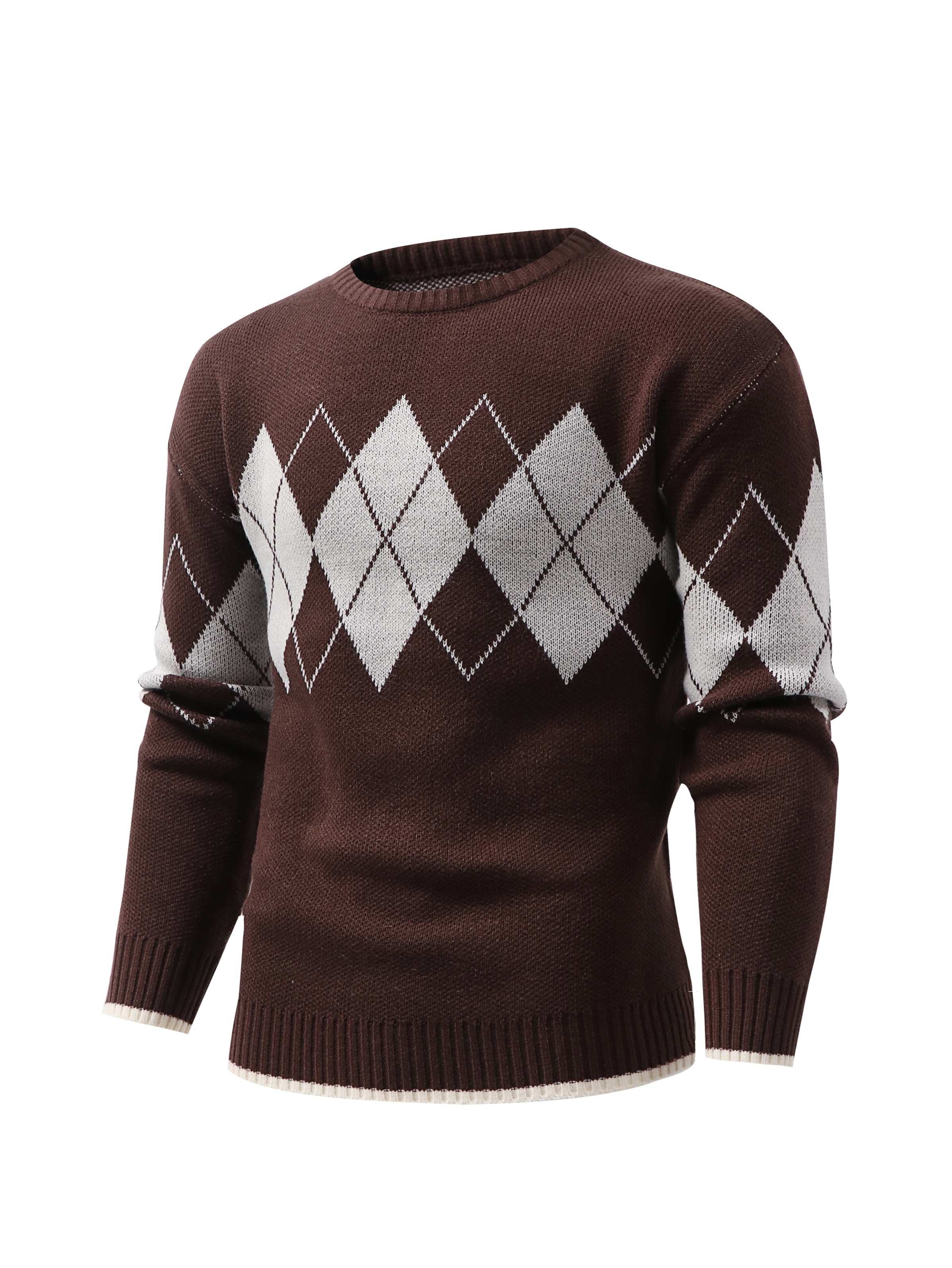 Men Diamond Design Sweater Mans Argyle Diamond Motif Pullover