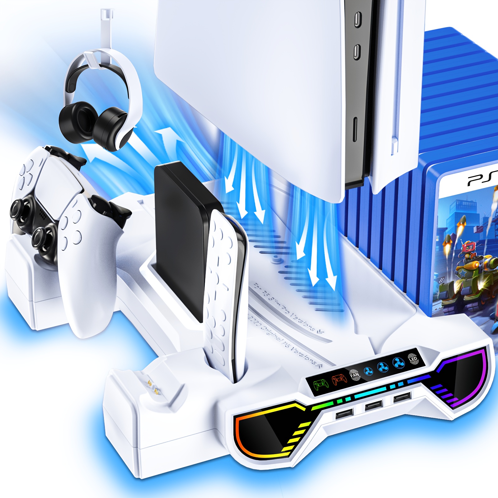 Image of For Ps5/slim/pro Cooling Station And Controller Charging Station With Led Stand For Playstation 5 Console - For , Cooling Stand Accessory Kit-cooler Fan/headset Holder/3 Usb