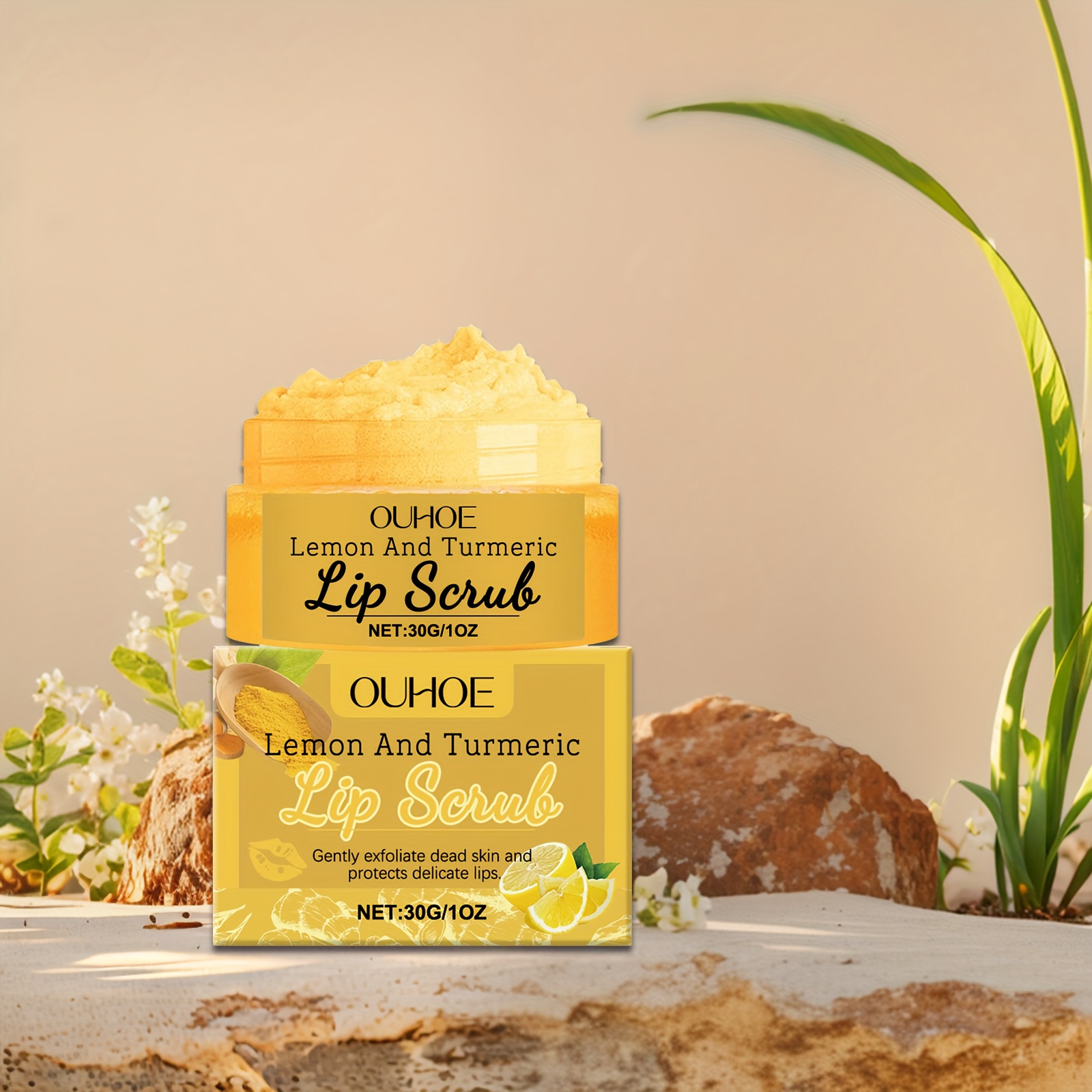 Turmeric Lemon Lip Scrub, Containing Turmeric Root, Lemon Fruit, and Aloe Vera Extracts. The Formula Has a Gentle, Lightweight, and Fine Texture. This Deep-hydrating, Mildly Moisturizing Lip Scrub Exfoliates and Softens Lips While Cleansing the Skin.