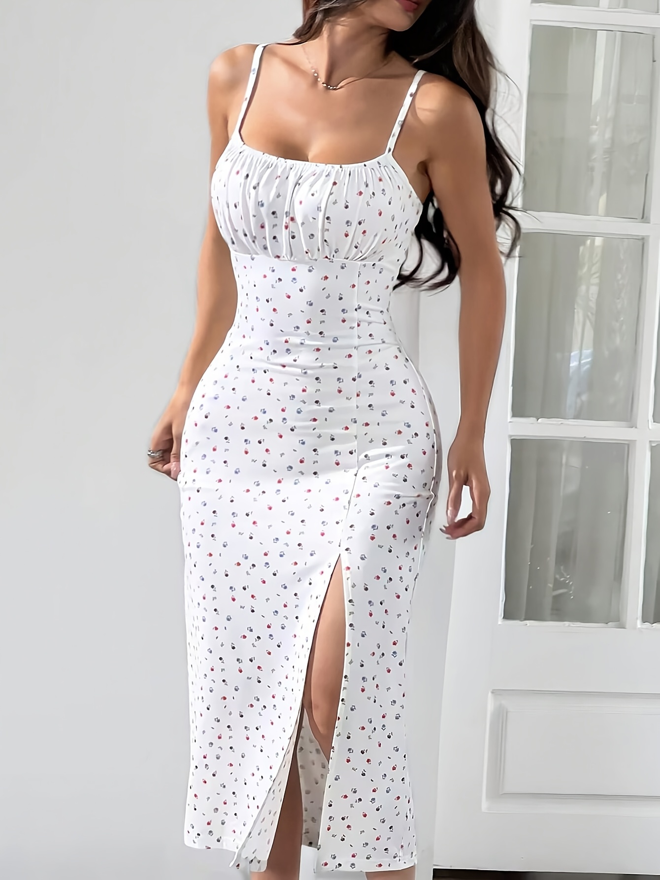 spring summer red blue floral print fit midi dress thin - Temu Colombia