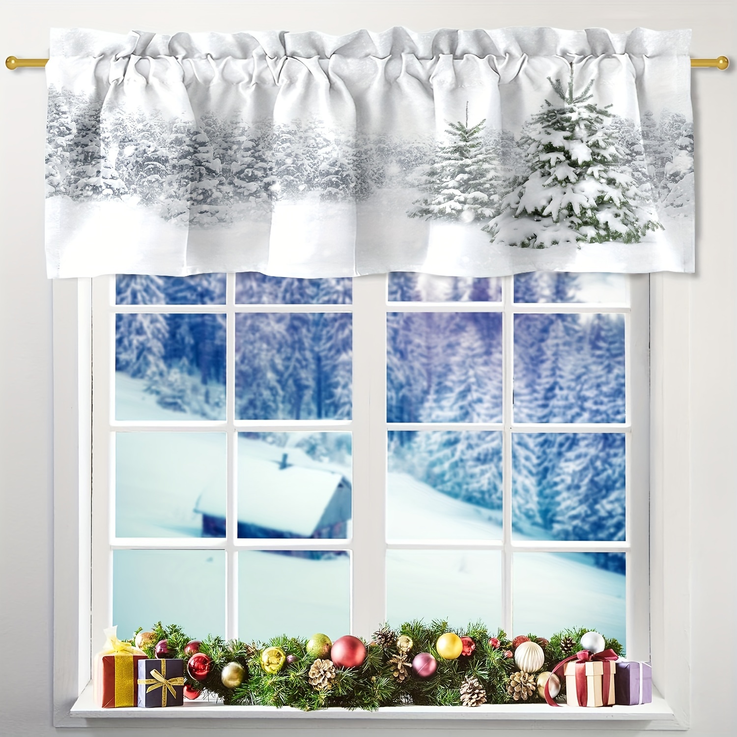 

1pc Christmas Short Curtain, White Christmas Gift, Pure Polyester Digital Printing Small Curtain, 52*18inch