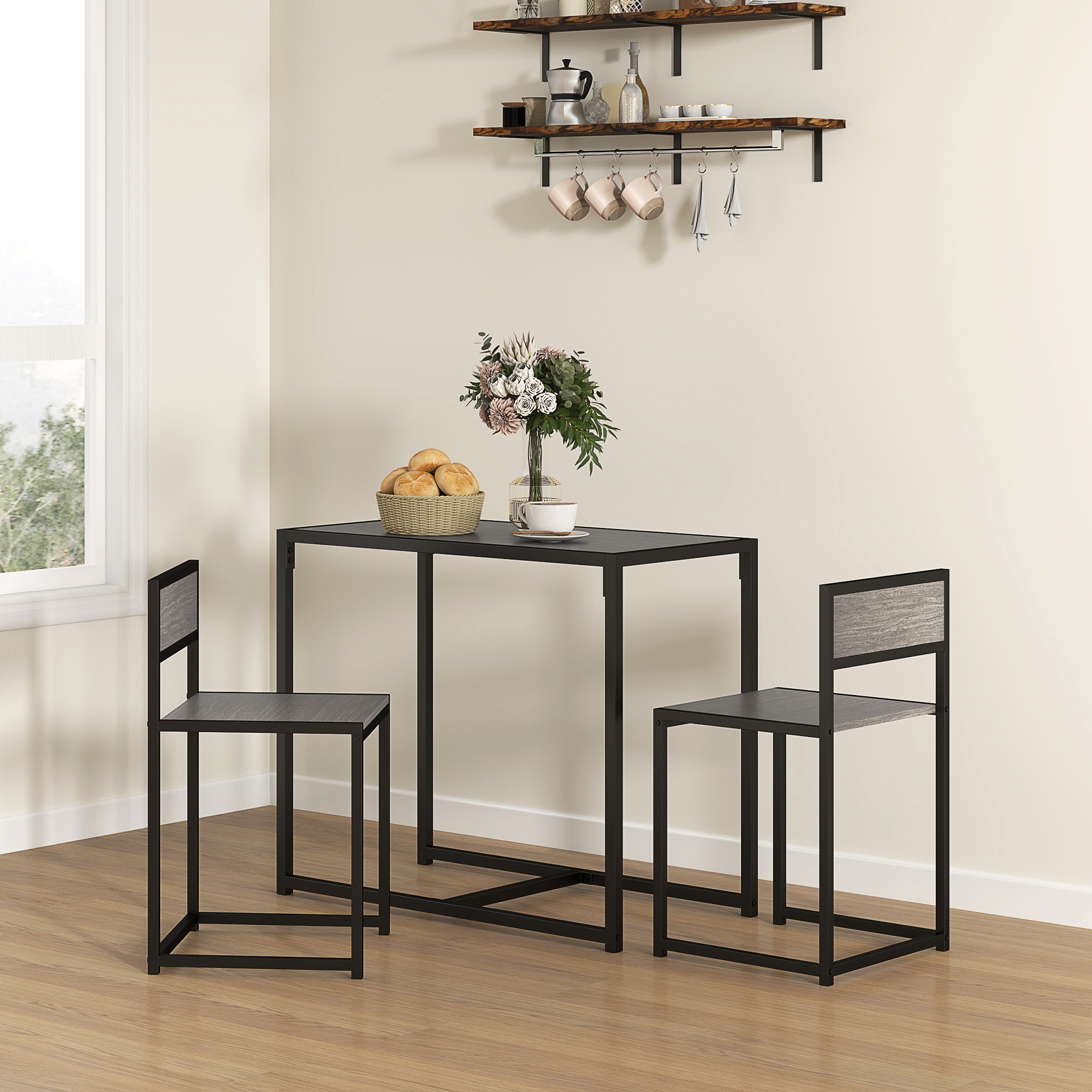 TEMU Homcom Industrial Dining Table Set For 2 - Small Kitchen Table With 2 Chairs, Rectangular Design, Dark , Sturdy Metal Frame, No Electricity
