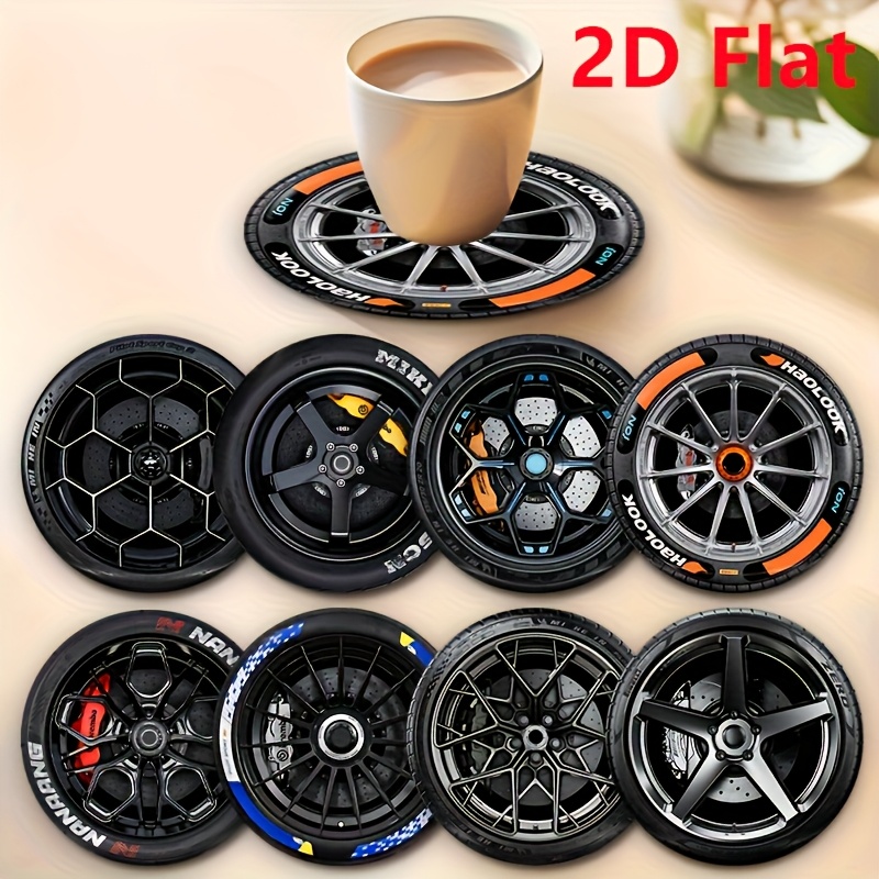TEMU Set aus 8 Untersetzern aus Holz in Reifenform, 2D-Flachdesign, hitzebeständig rutschfest, für Zuhause, Büros, Bars, Cafés Restaurants, sowie als