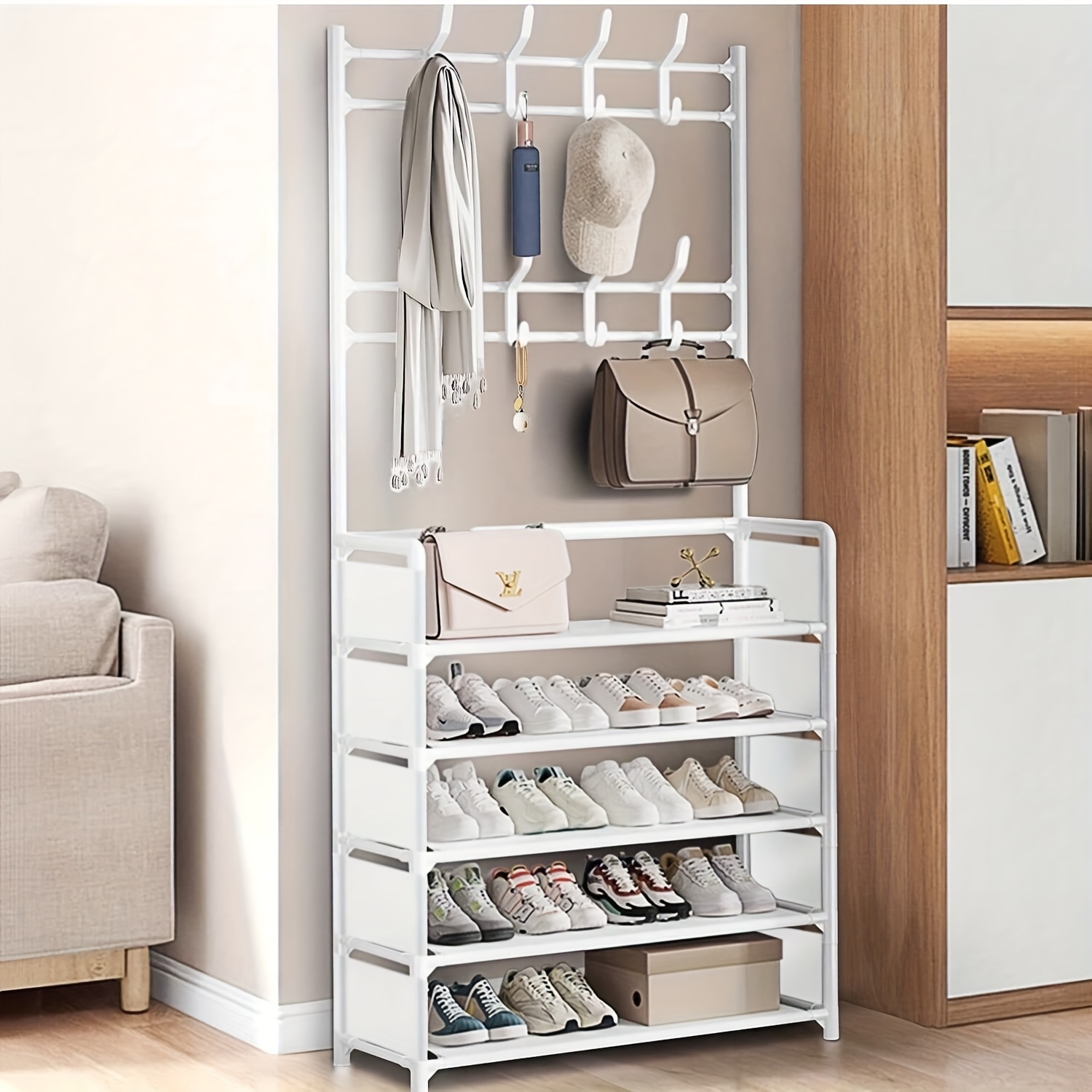 Freestanding Coat Rack For , Featuring 8 Hooks And Storage Shelves. Suitable For , Bedrooms, And Living Rooms; Used To Hang Coats, Hats, And Bags.