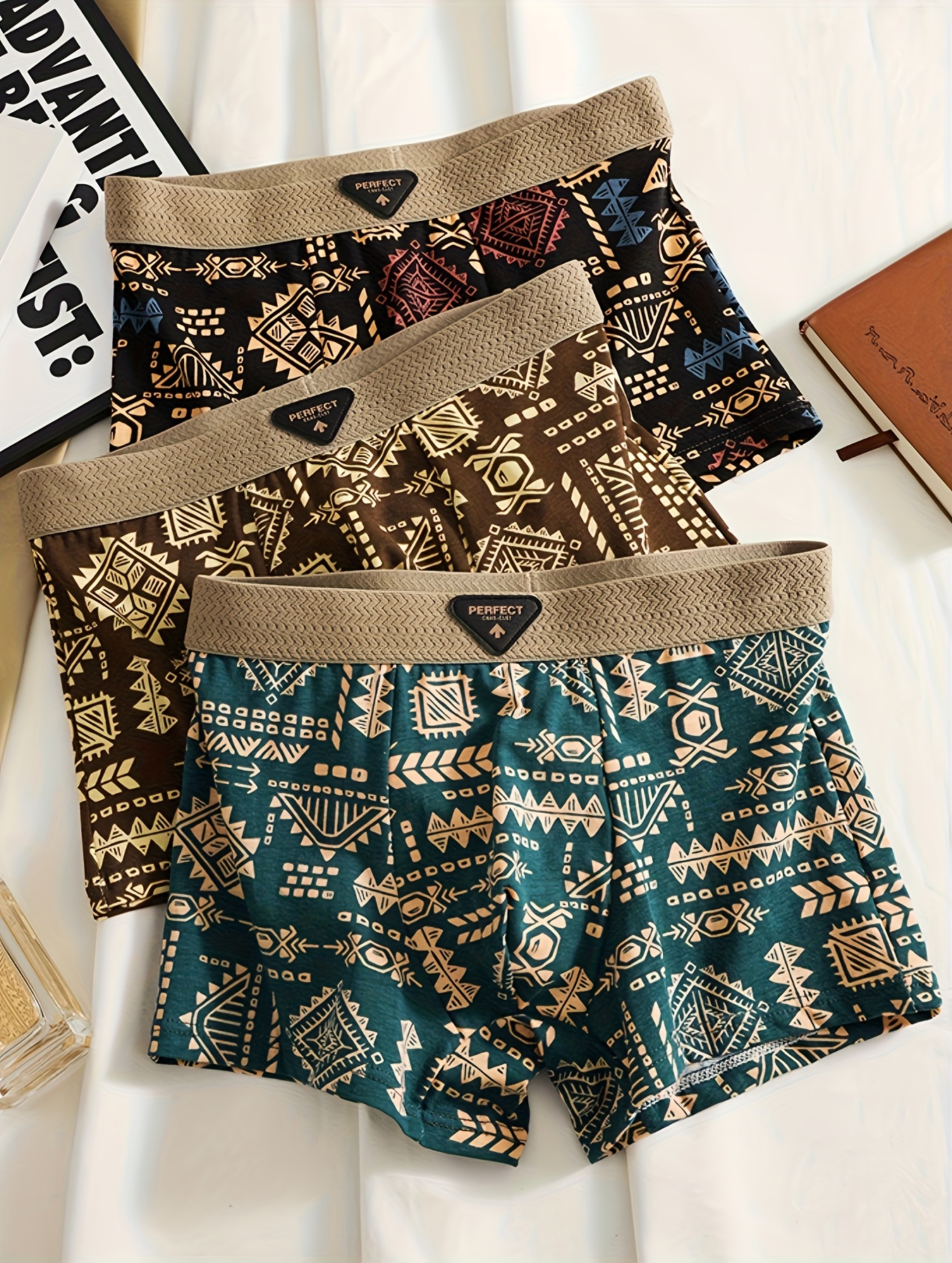 3pcs Men's Retro Geometric Print Boxer Briefs - Mid-Rise Stretch Comfort, Machine Washable, Vibrant Colors for Running & Casual Wear