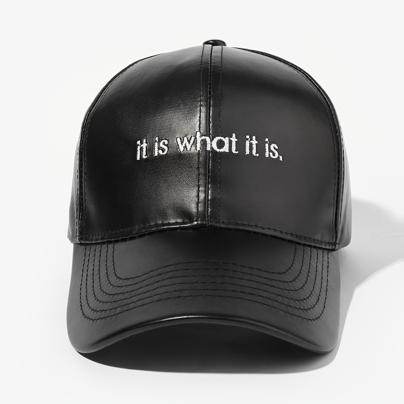 

Unisex "it Is What It Is" Embroidered Pu Leather Baseball Cap With Sun Protection, Adjustable Button Closure, Solid Inelastic Design For Outdoor Leisure And Holidays - Pack Of 1