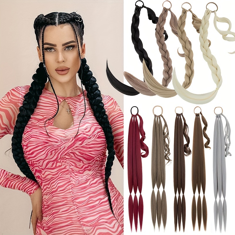 a 34 inch long braided ponytail hair extension with elastic band for a straight and smooth wrapped ponytail diy hairstyle details 0