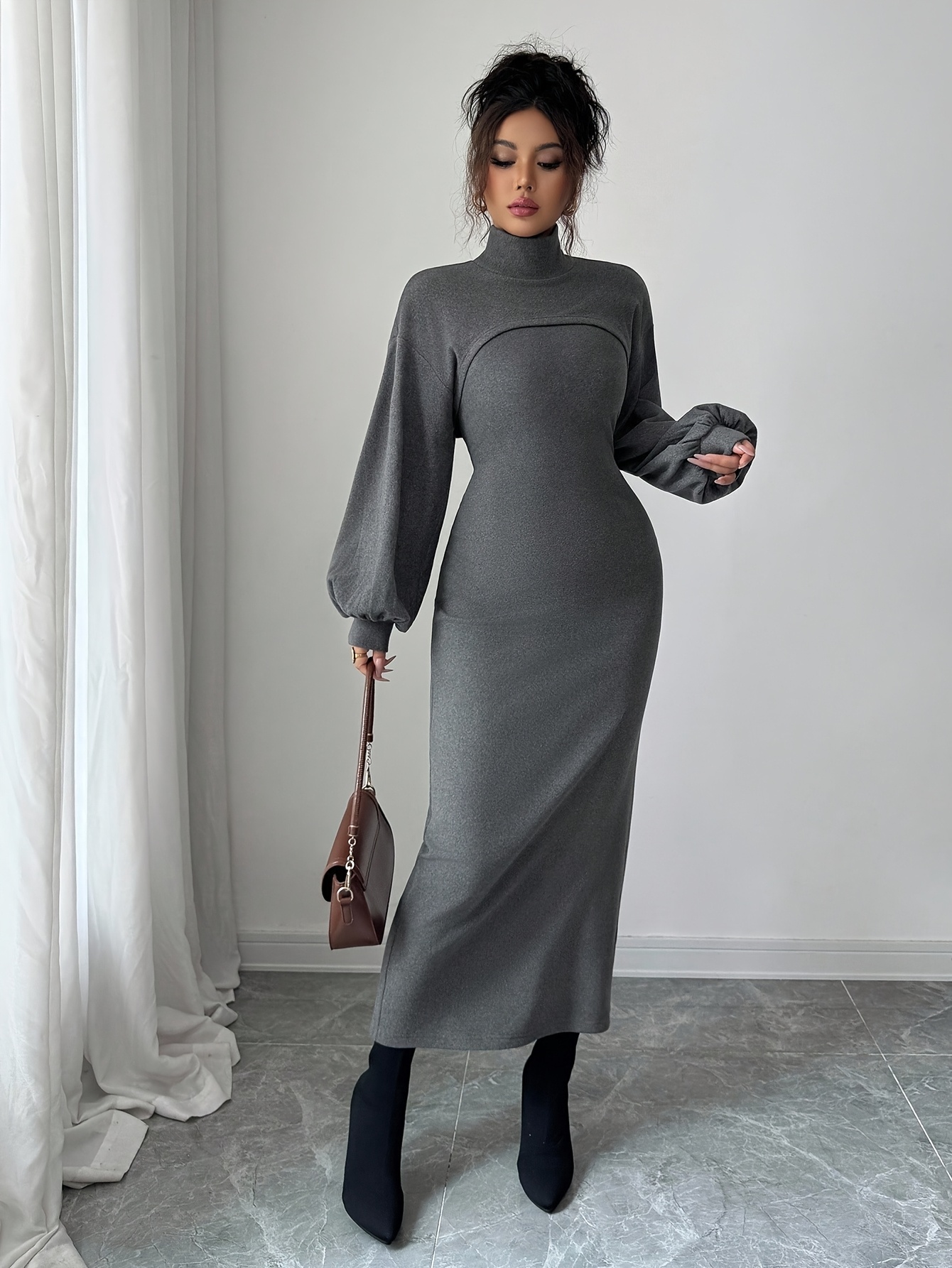 womens elegant high neck two piece waist cinching easy