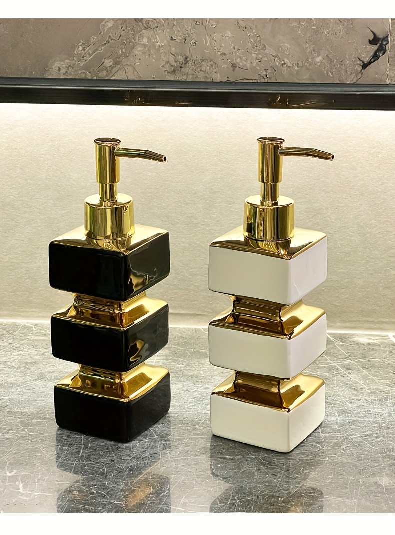 Bathroom Organization And Storage Supplies, Creative Unique Ceramic Mirror Black And White Soap Dispenser, Hotel Washstand Liquid Dispensing Bottle, Pump-Type Empty Bottle, Reusable Shampoo, Shower Gel, Square Tower Lotion Bottle