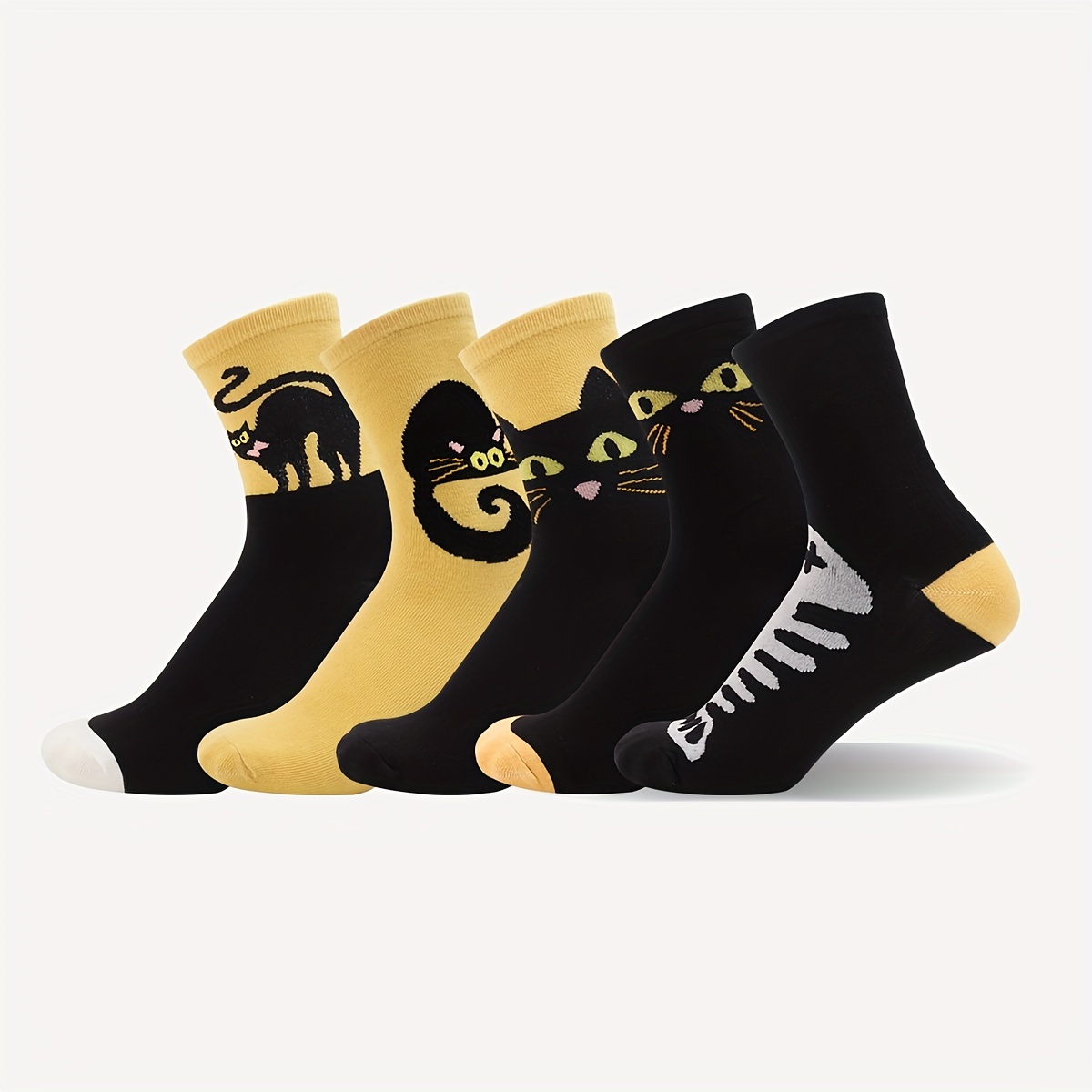 

5 Pairs Black Cat Print Socks, Halloween Trendy & Mid Tube Socks, Women's Stockings & Hosiery