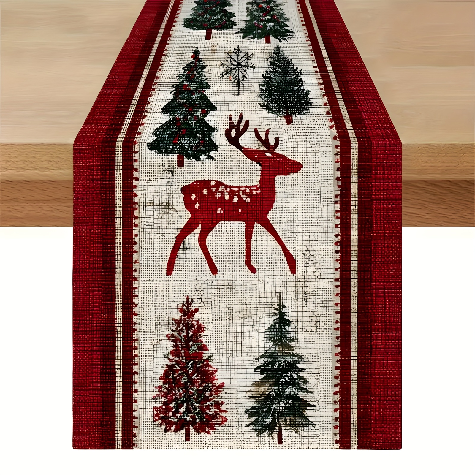 TEMU An Extra-long Wine Red And Runner Featuring Deer And Pine Trees In Scandinavian Nordic Style - Elegantly Designed With Wine Red And , Holiday