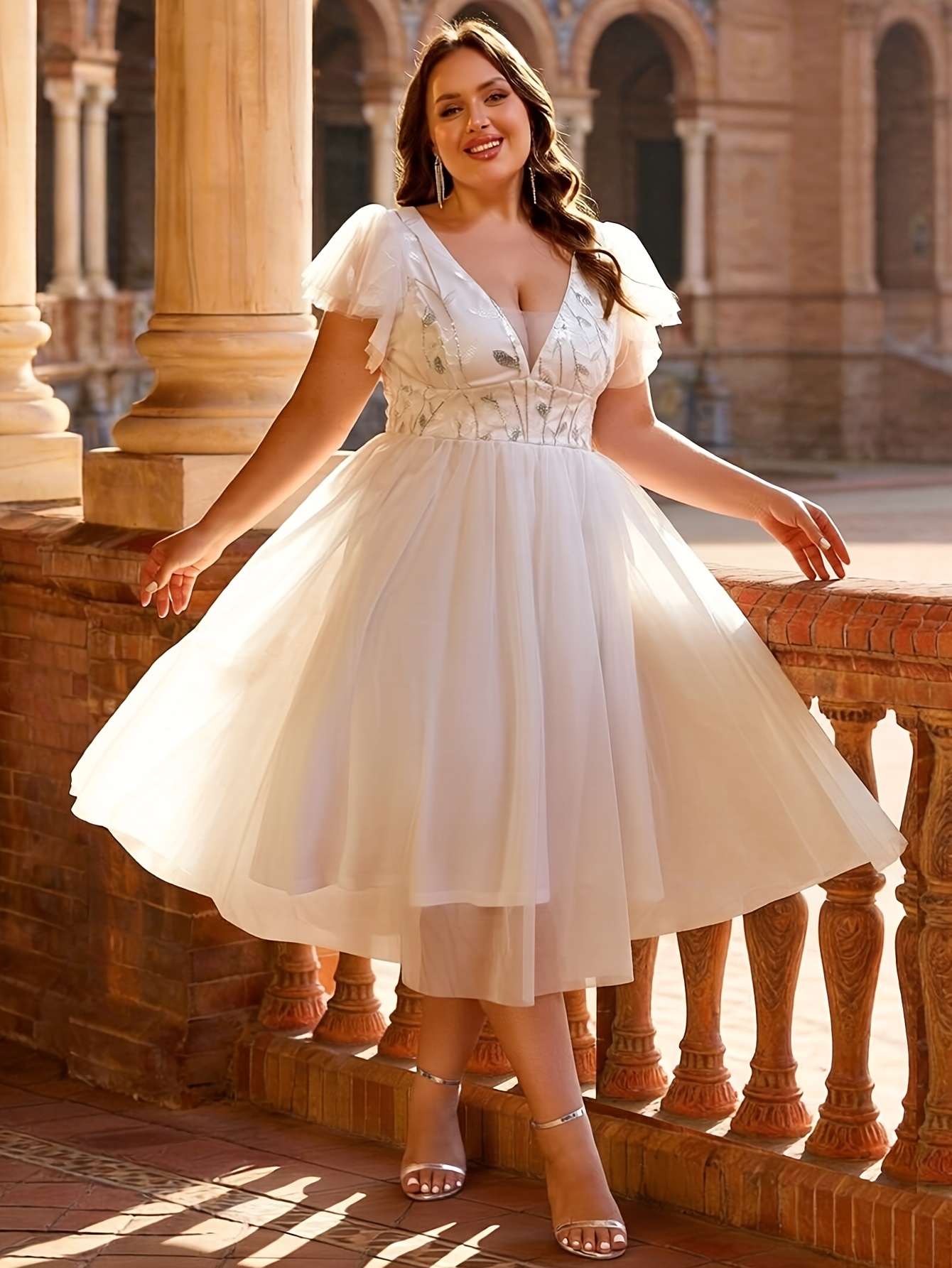 Plus Size, Women Plus Size V Neck Sequins Floral Wedding Dresses Wedding Dresses Bridal Event Bachelorette Bridal Shower * Engagement Honeymoon Reception Rehearsal Evening Prom Gowns