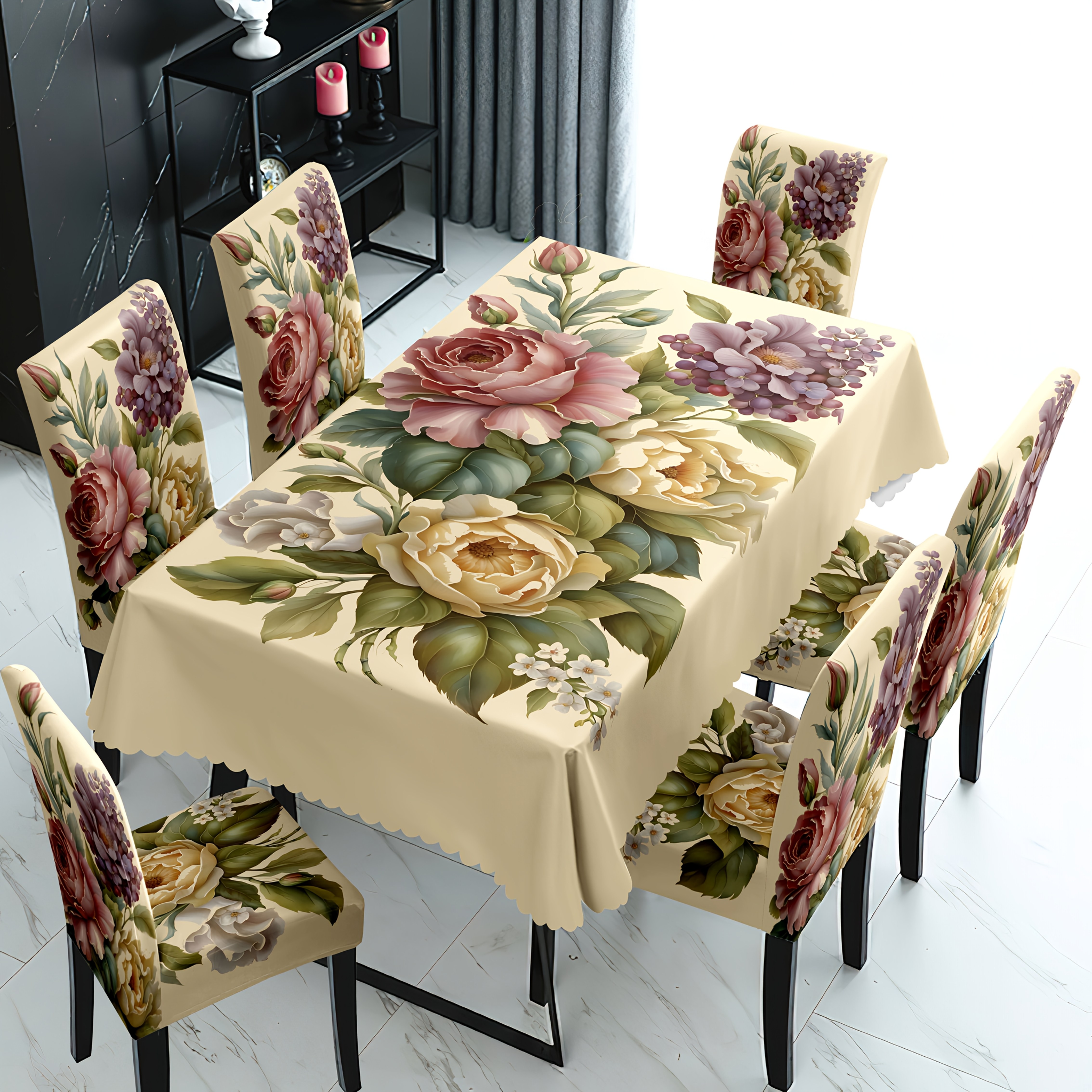 

Open; Classic French Fruit Print 5/7pcs Tablecloth And Chair Cover Set, Suitable For Indoor , Hotel Modern Daily Decoration. Washed And Reused