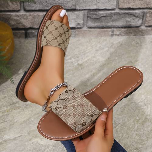 womens summer flat slide monogram sandals large size pattern open toe fabric upper lining pvc sole synthetic insole beach casual wear