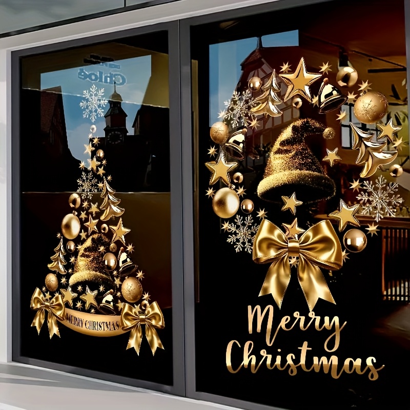 Kerstthema Gouden Krans Kerstboom Elektrostatische Sticker, Volledige Electrostatisch Adsorberende Voorkant en Achterkant Kleurontwerp