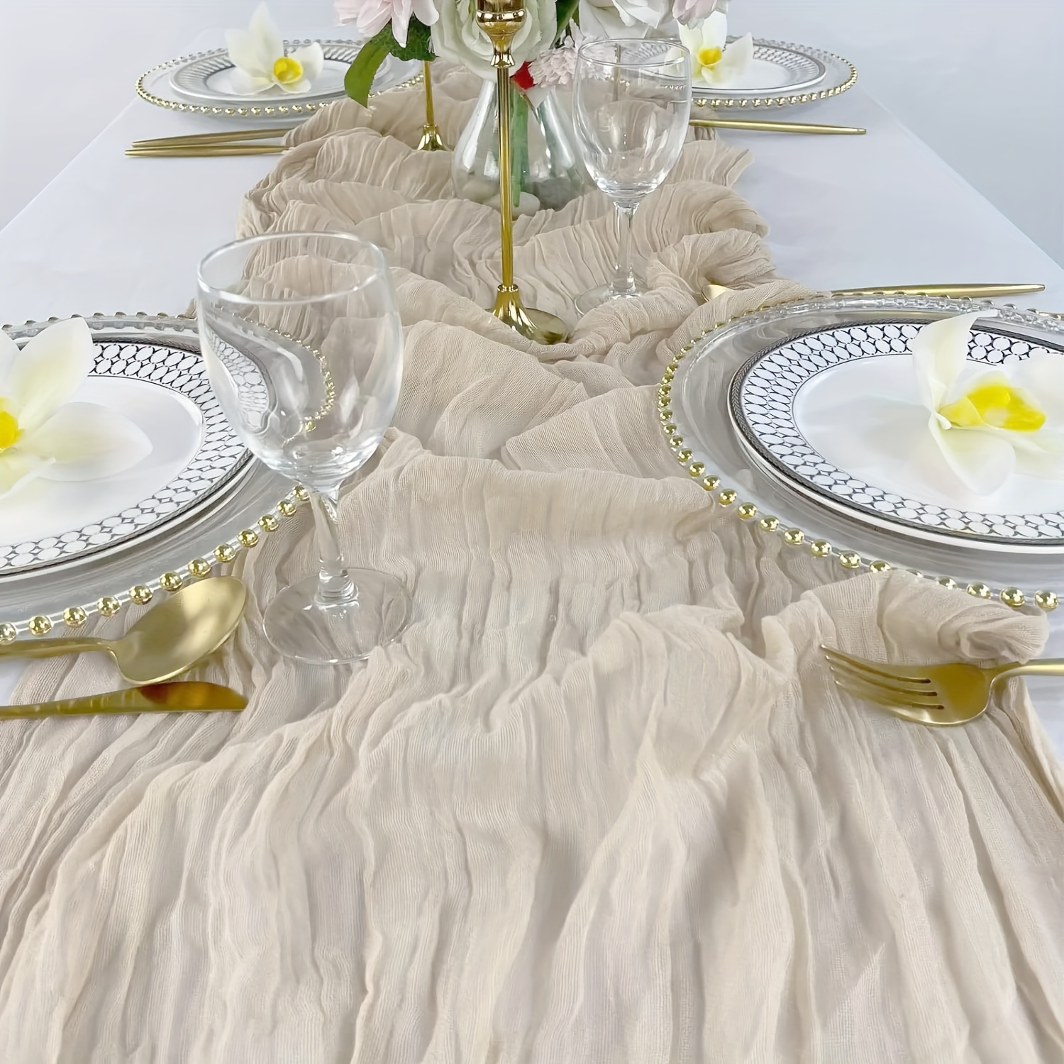 

Set Of 6 Champagne Sheer Table Runners For Weddings, Birthdays, Bridal & Baby Showers - Polyester Gauze Tablecloths, Elegant Machine-made Table Draping For Special Events